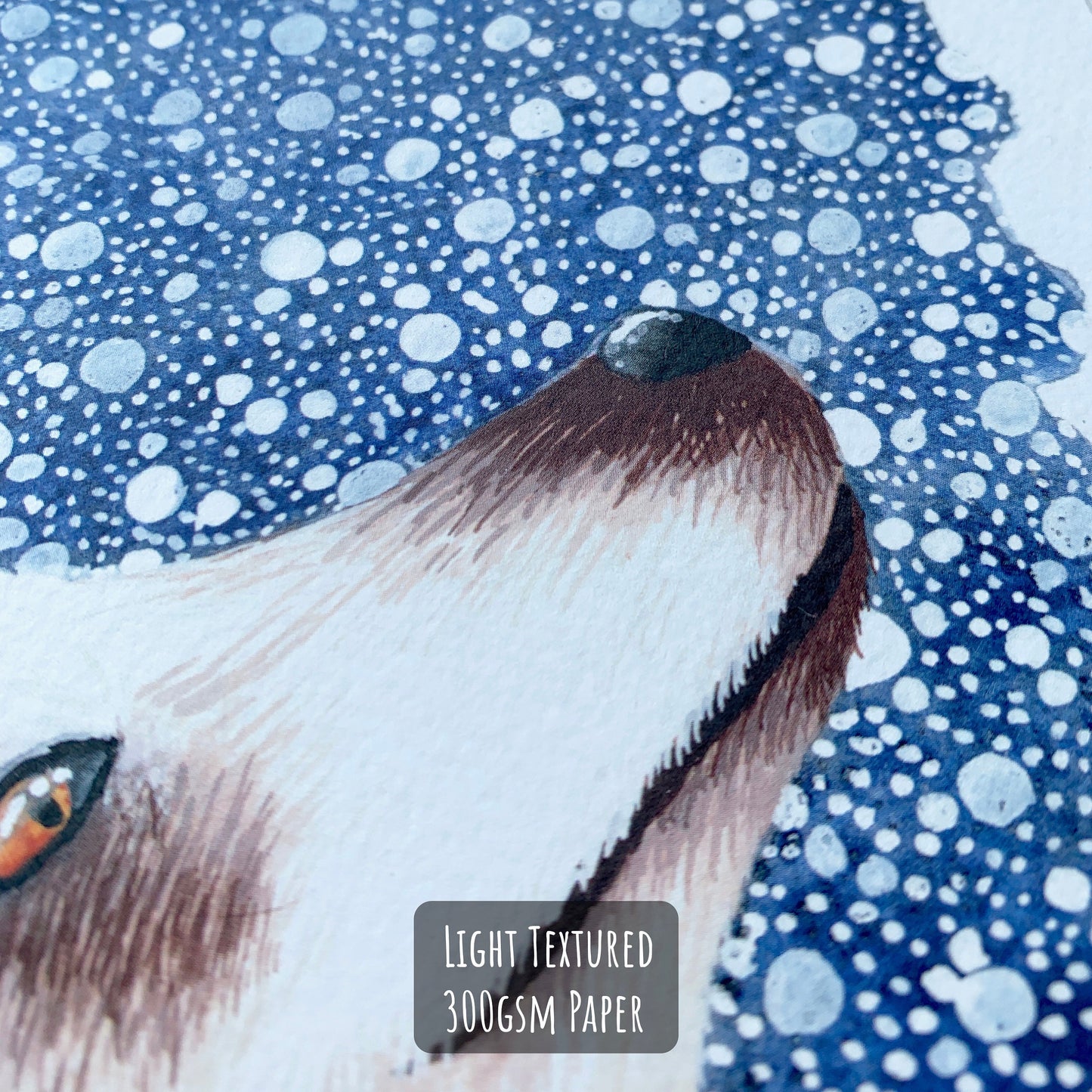 A close up of an Arctic fox art print showing the details and texture of the paper.