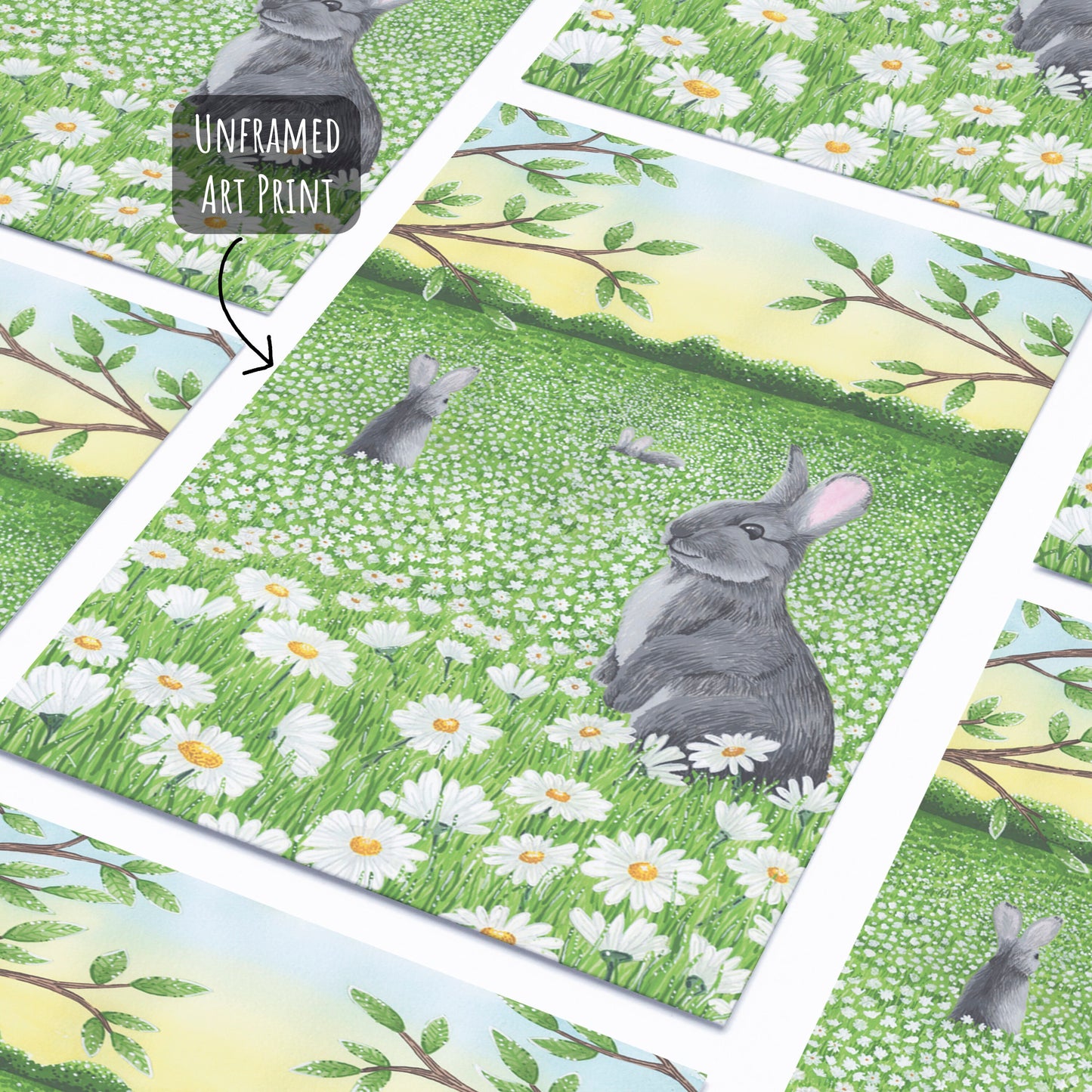 Floral Rabbit Art Print unframed placed flat on a white surface.