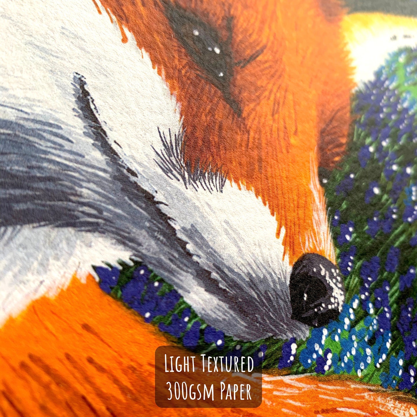 Fox and woodland art print close up. showing the details and texture of the paper and illustration.