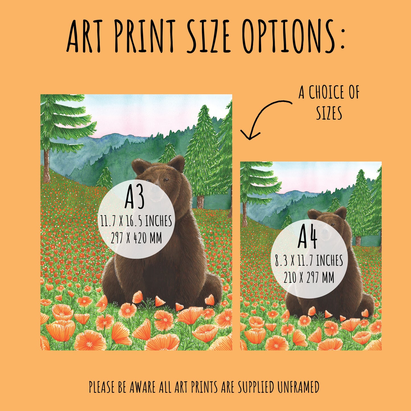 showing the sizes available of the Grizzly Bear Art Print. A4 & A3