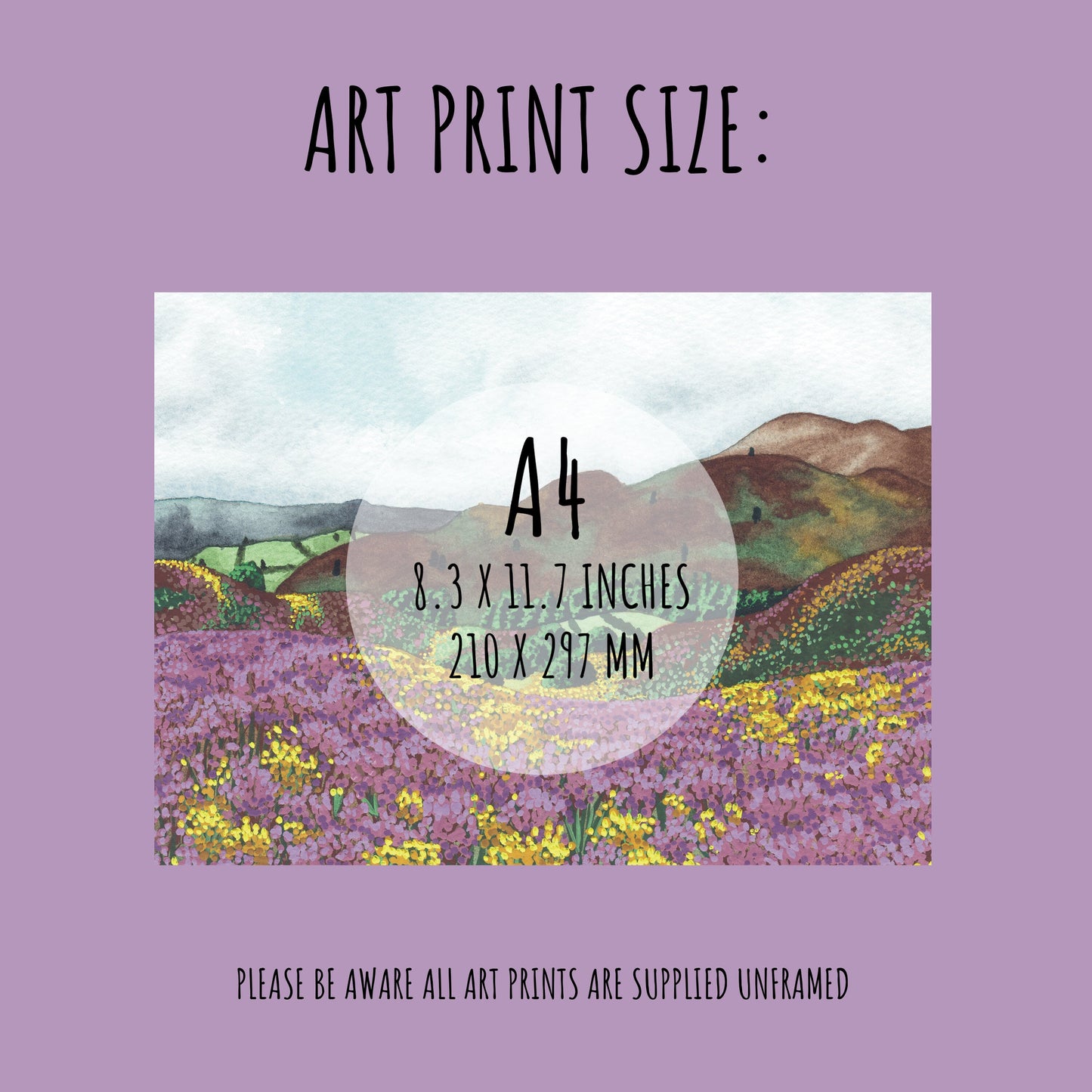 showing the size of the Heather Hills Art Print which is A4 (210 x 297mm)