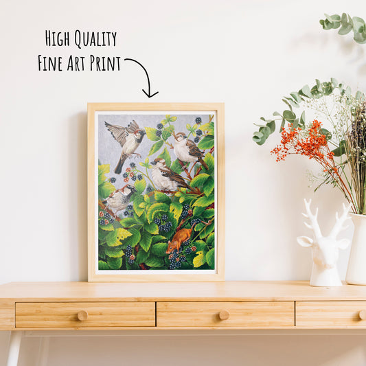 Framed high-quality fine art print of birds on a branch with berries on a wooden surface.