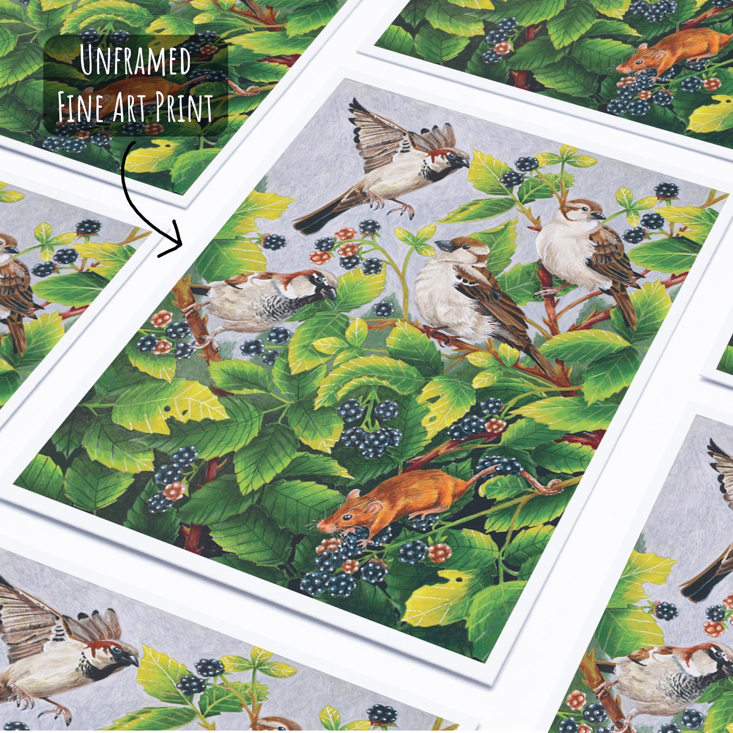 Eco giclée wildlife art print on bamboo paper featuring sparrows and a mouse