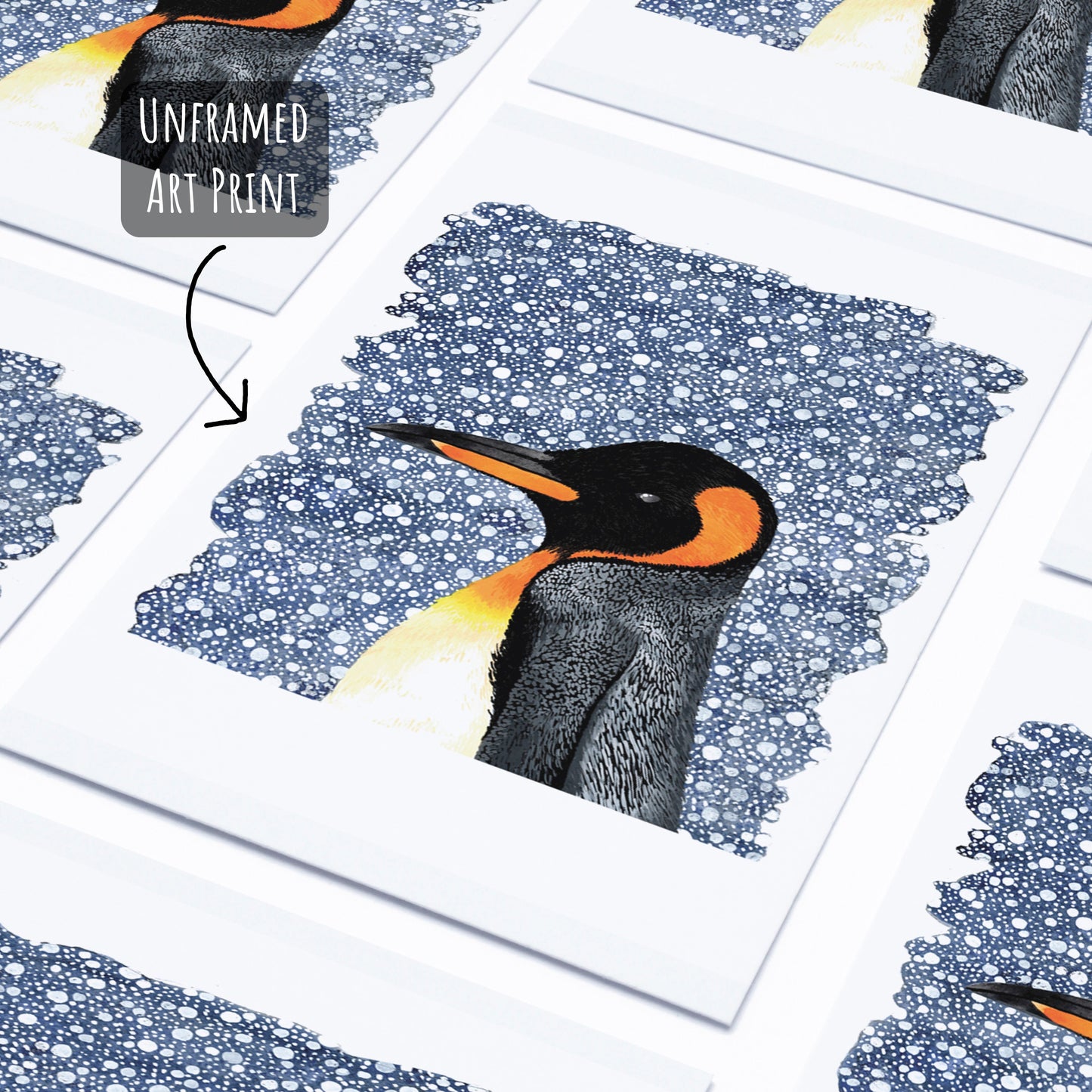 A king penguin deep blue snowy backgound art print on a white surface.