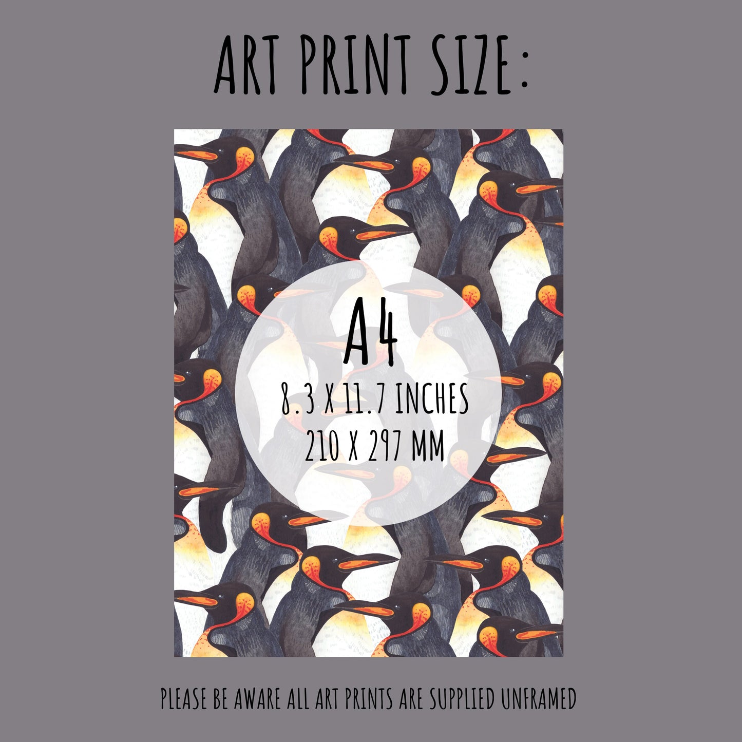 showing the size of the King Penguin Pattern Art Print which is A4 (210 x 297mm)