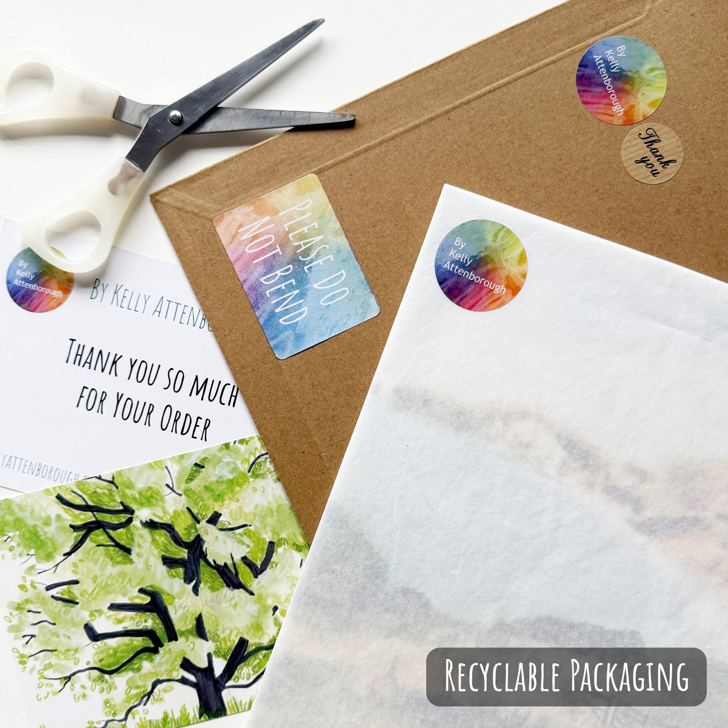 Showing how your artwork will be packaged. Wrapped in tissue paper with a backing board and placed into a hard backed envelope with a thank you card.