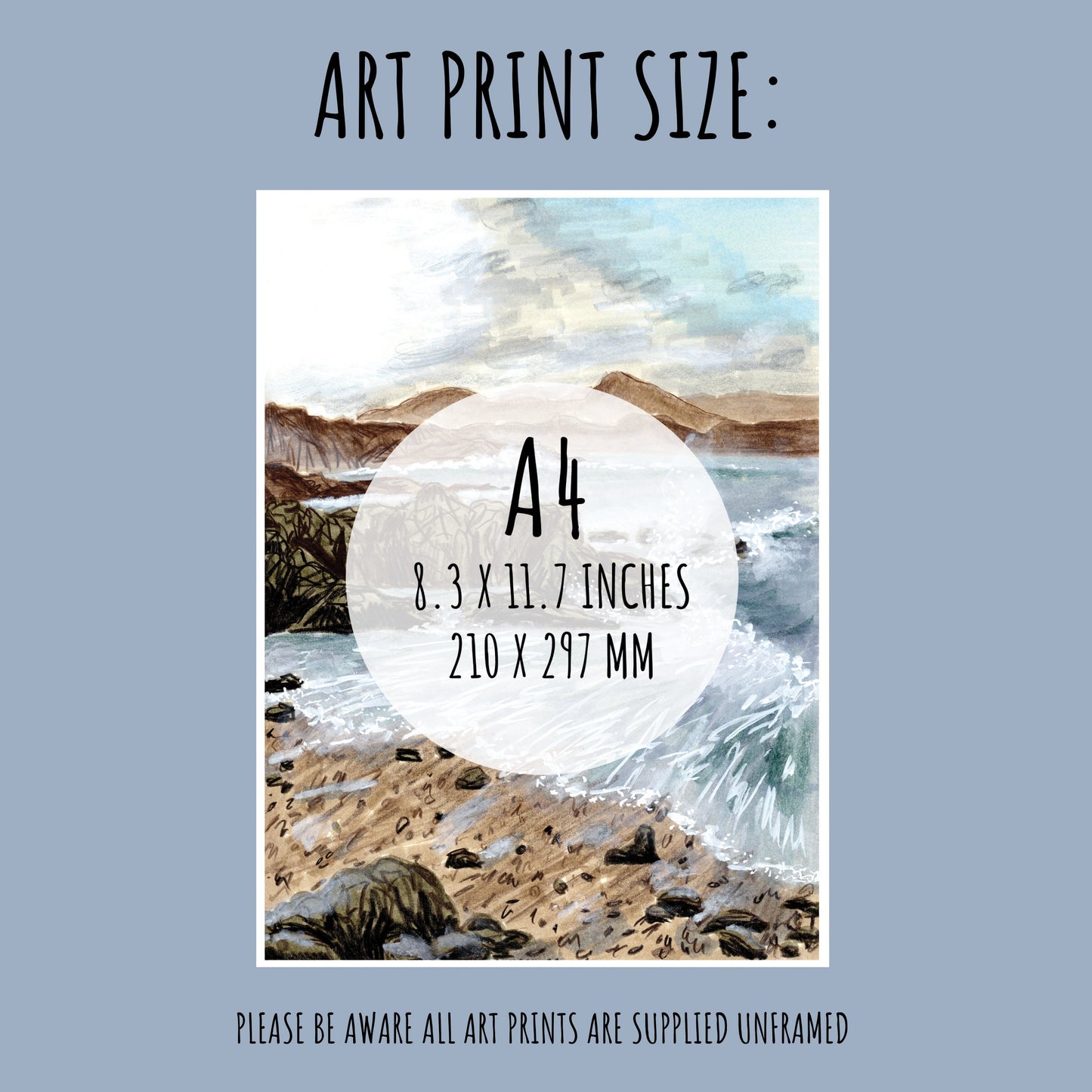 Showing the size of the Portstewart Art Print which is A4 (210 x 297 mm).