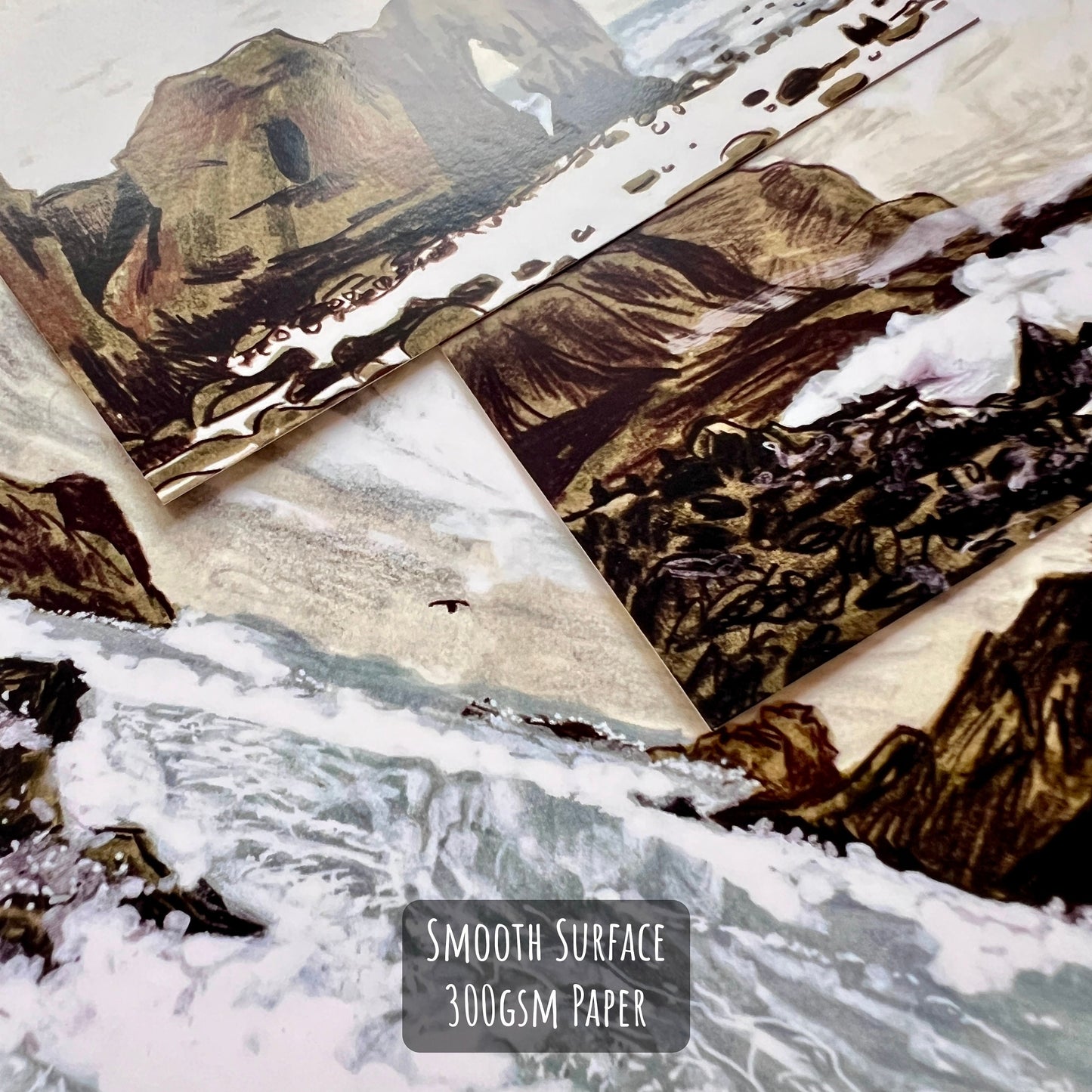 Stormy Seas Postcard Set close up showing the details and textures of the illustrations and paper stock.