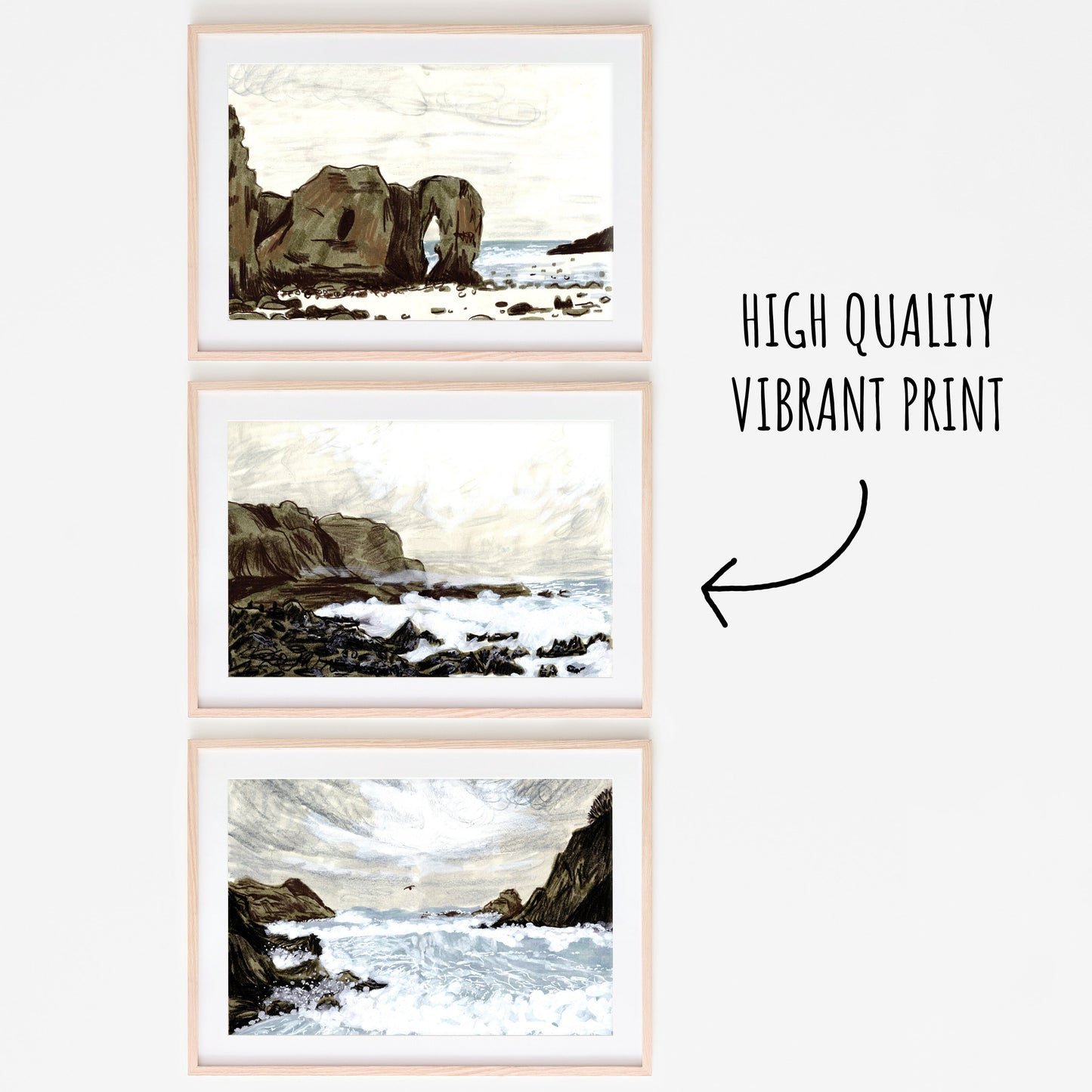showing the Stormy Seas Postcard Set in light wooden framed. One below the next three in total.