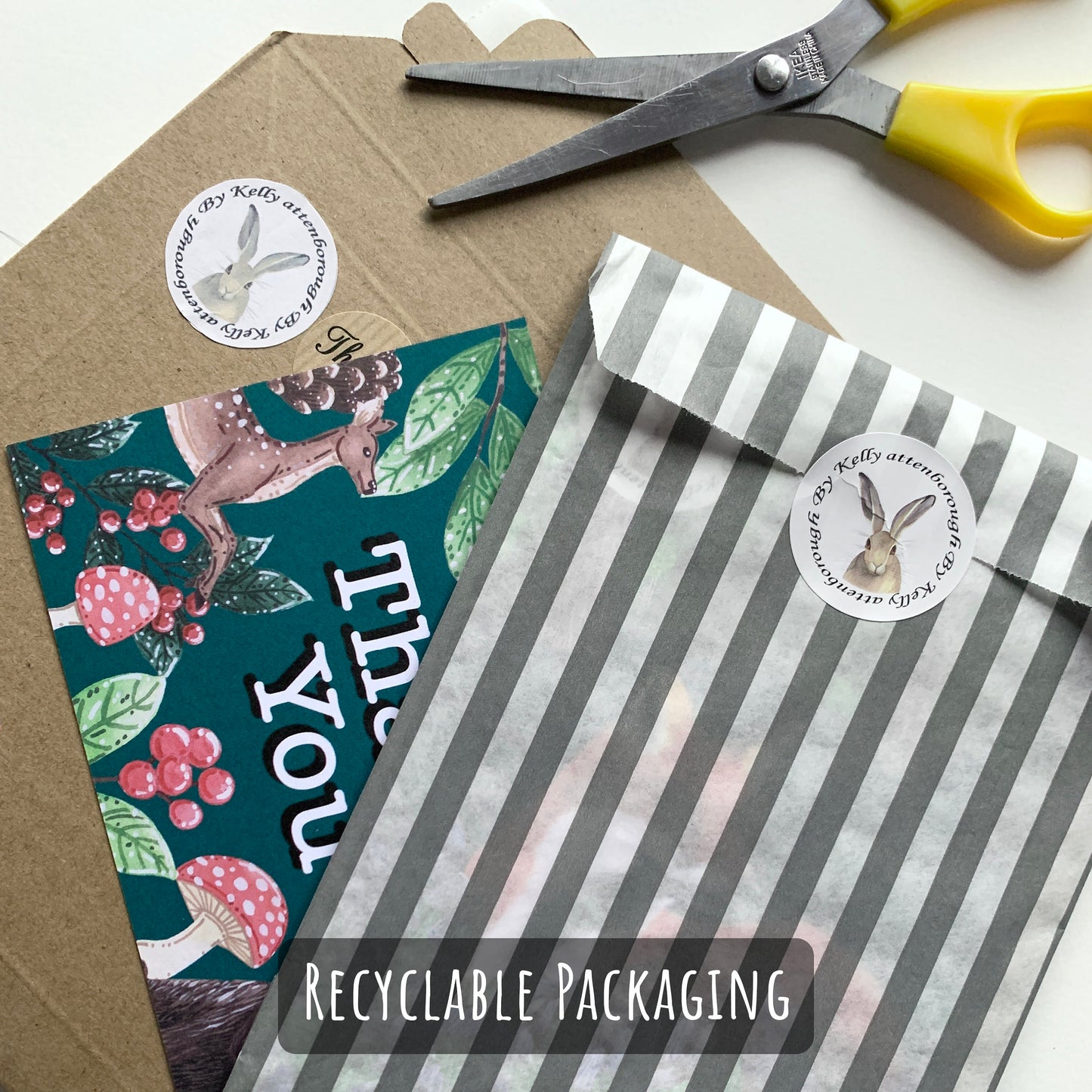 showing how your postcards will be packed. Placed in a paper sleeve, then into a hard backed envelope with a thank you card.