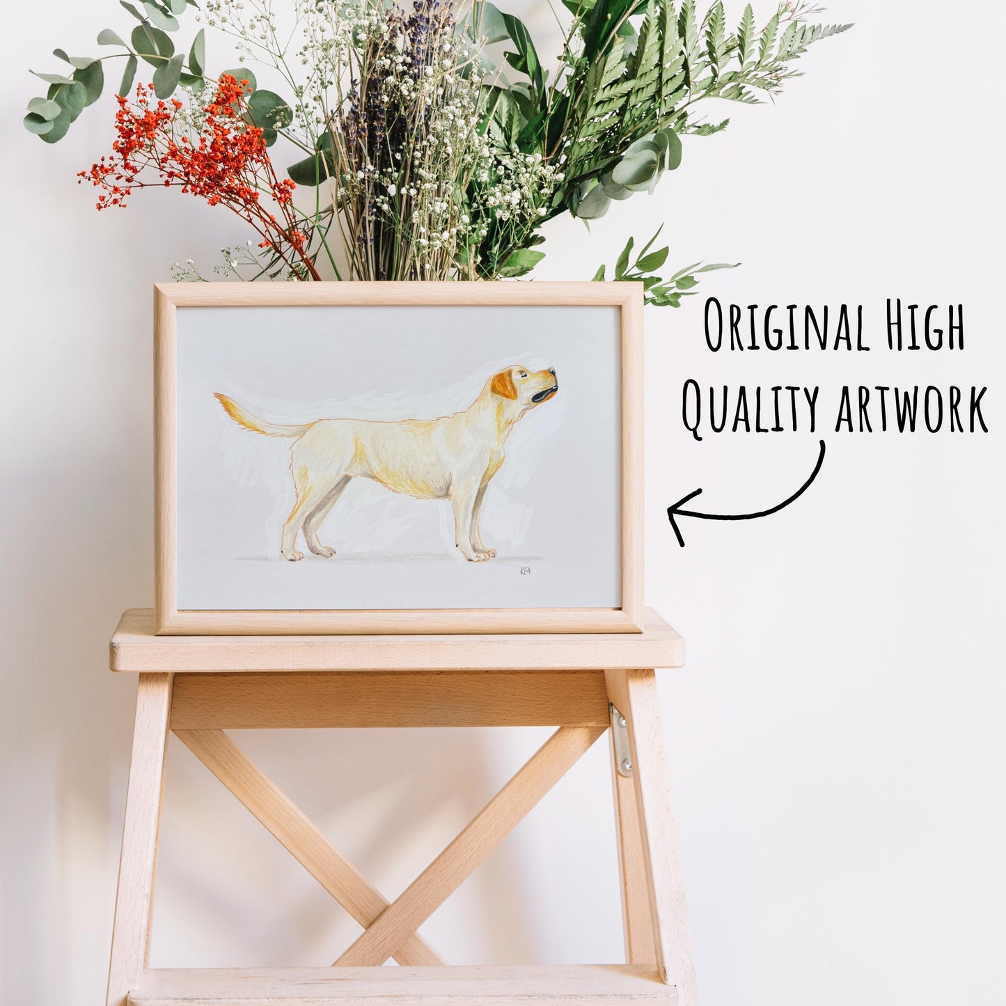 Labrador retriever dog portrait in watercolour and pencil on white background. shown in a frame.