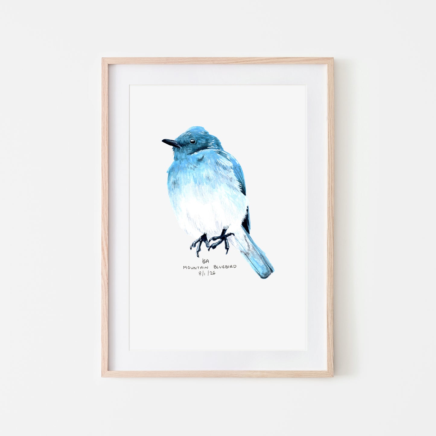 Framed artwork of a mountain blue bird on a white background