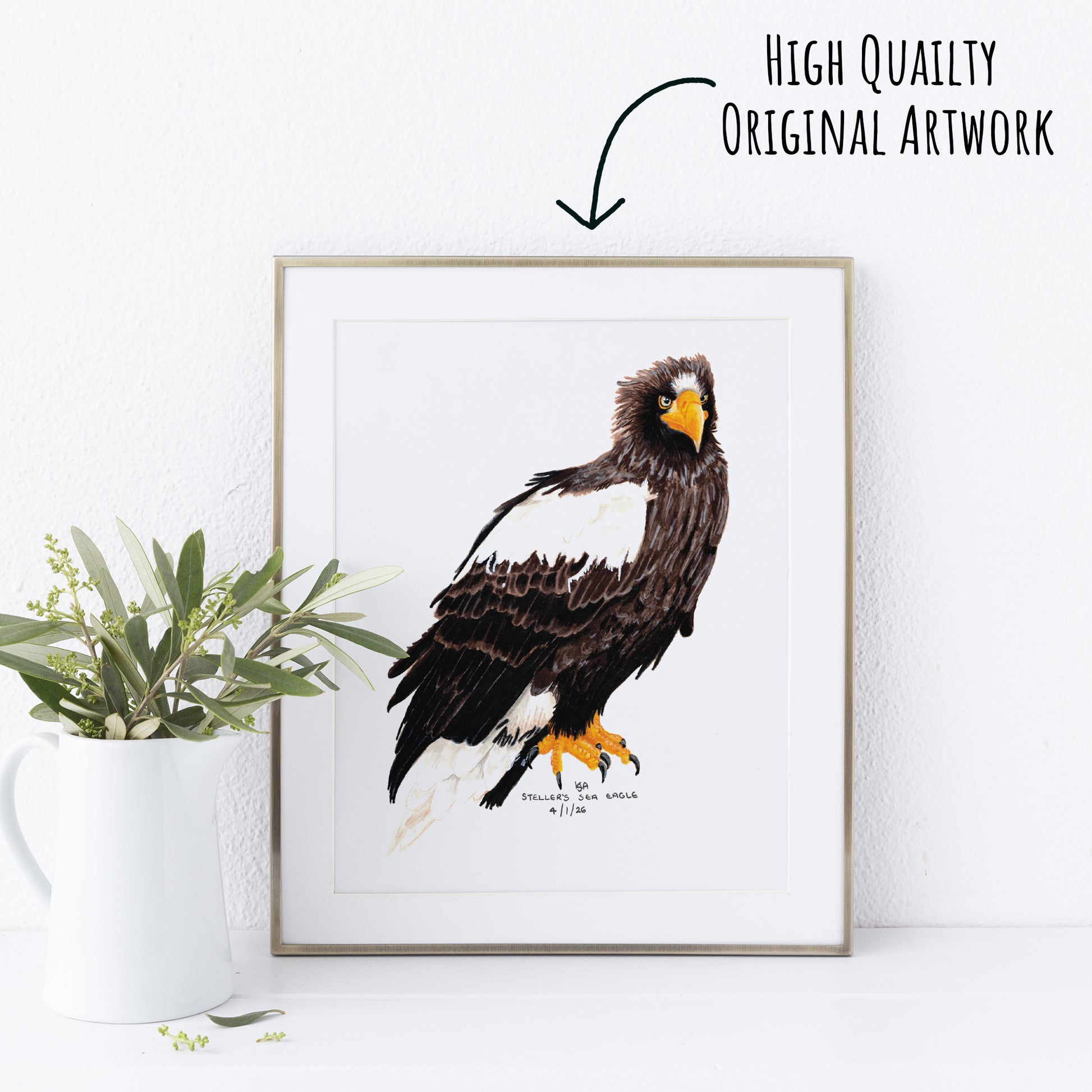 Framed artwork of an eagle on a white wall with a plant to the left.