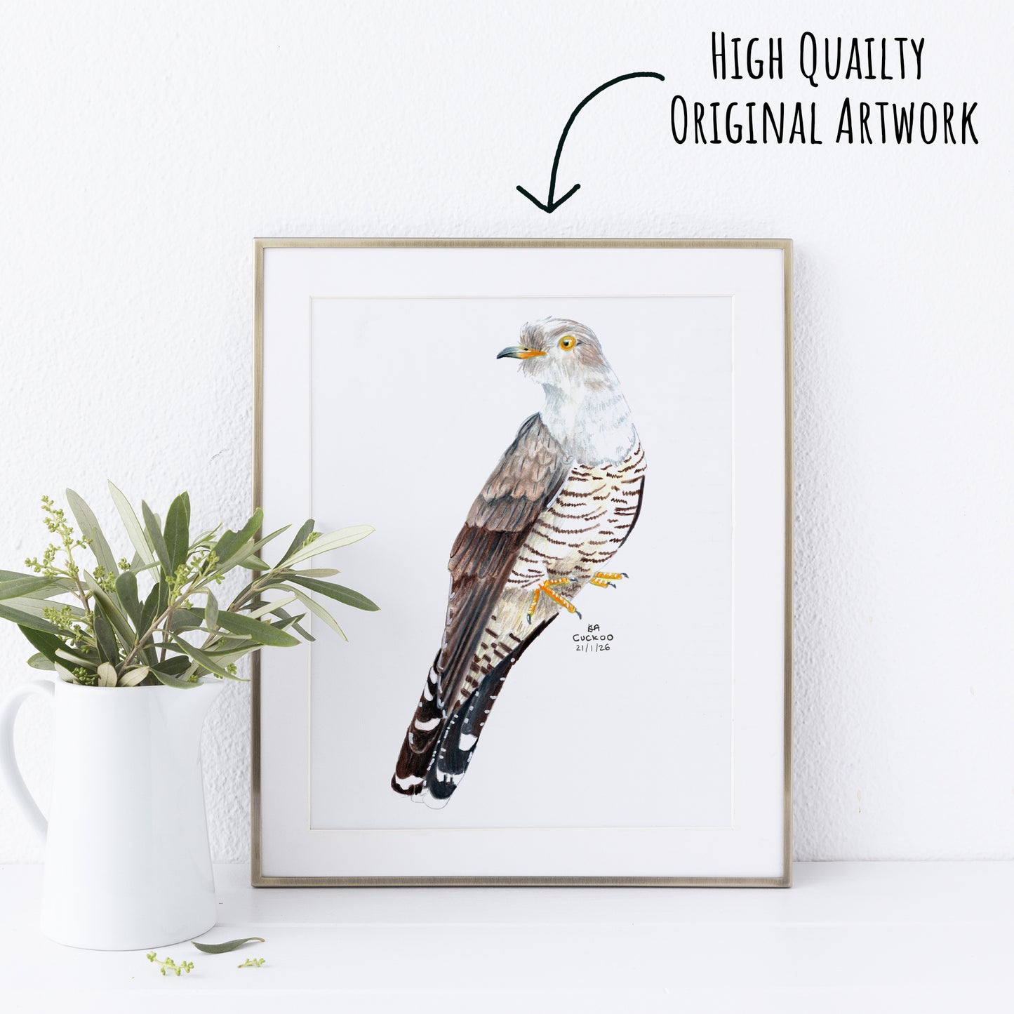 Framed artwork of a cuckoo bird on a white wall with a plant to the left.