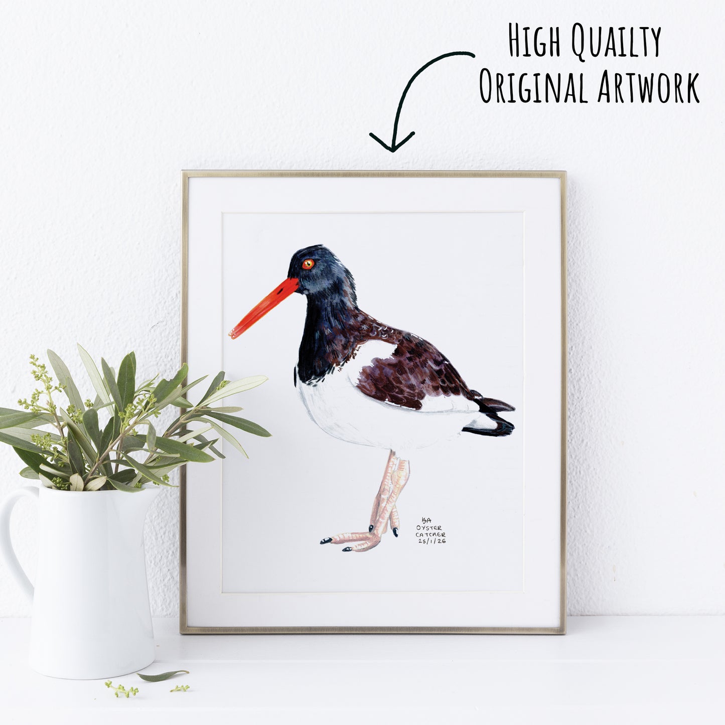 Framed artwork of a oyster catcher bird with a plant on a white surface