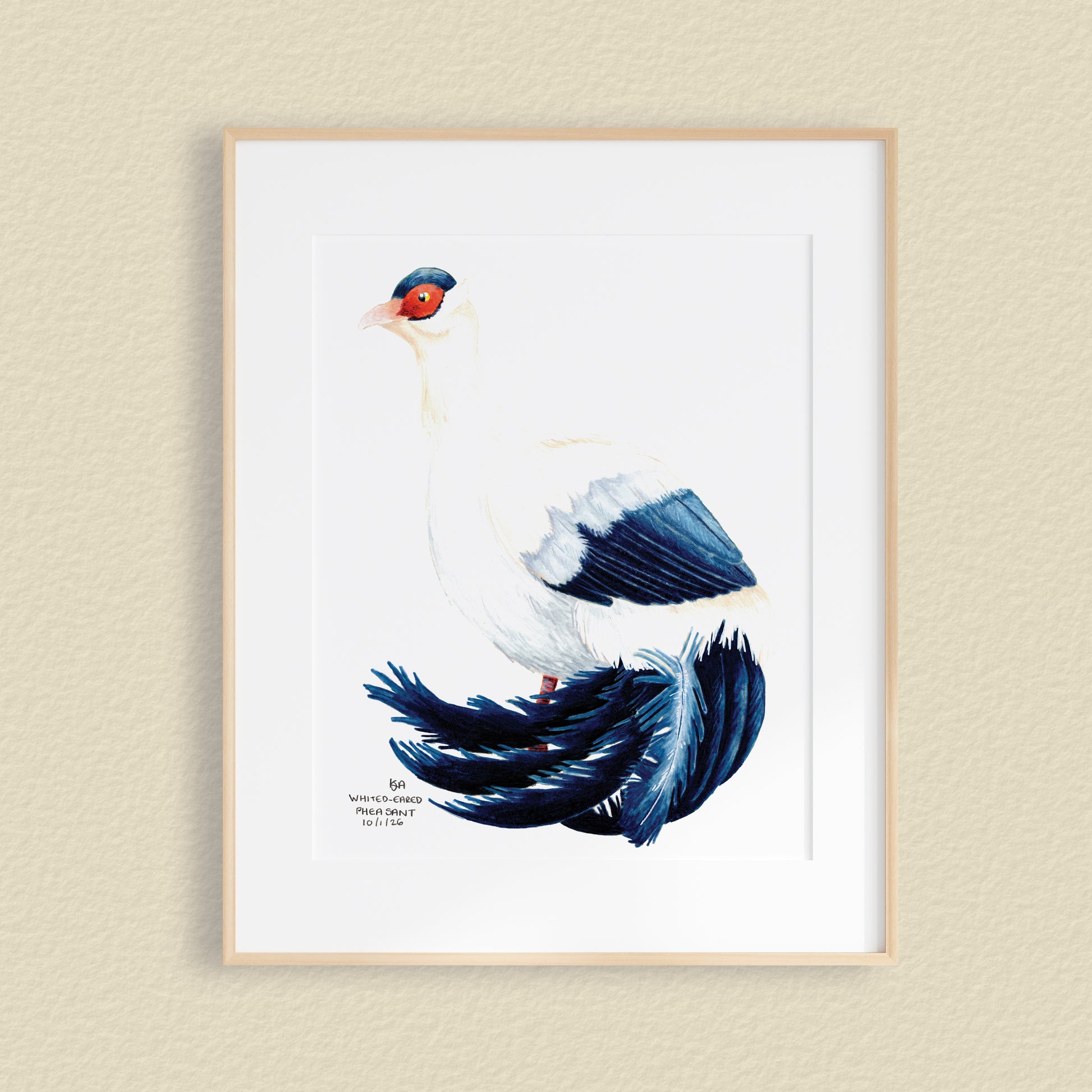 Framed artwork of a blue and white, white eared pheasant bird on a beige wall.