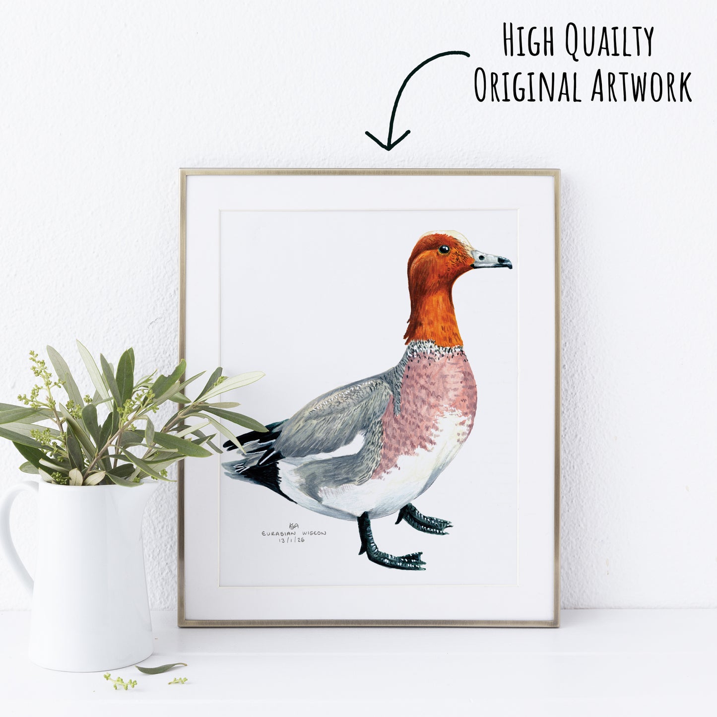 Framed artwork of a wigeon duck with a plant on a white surface
