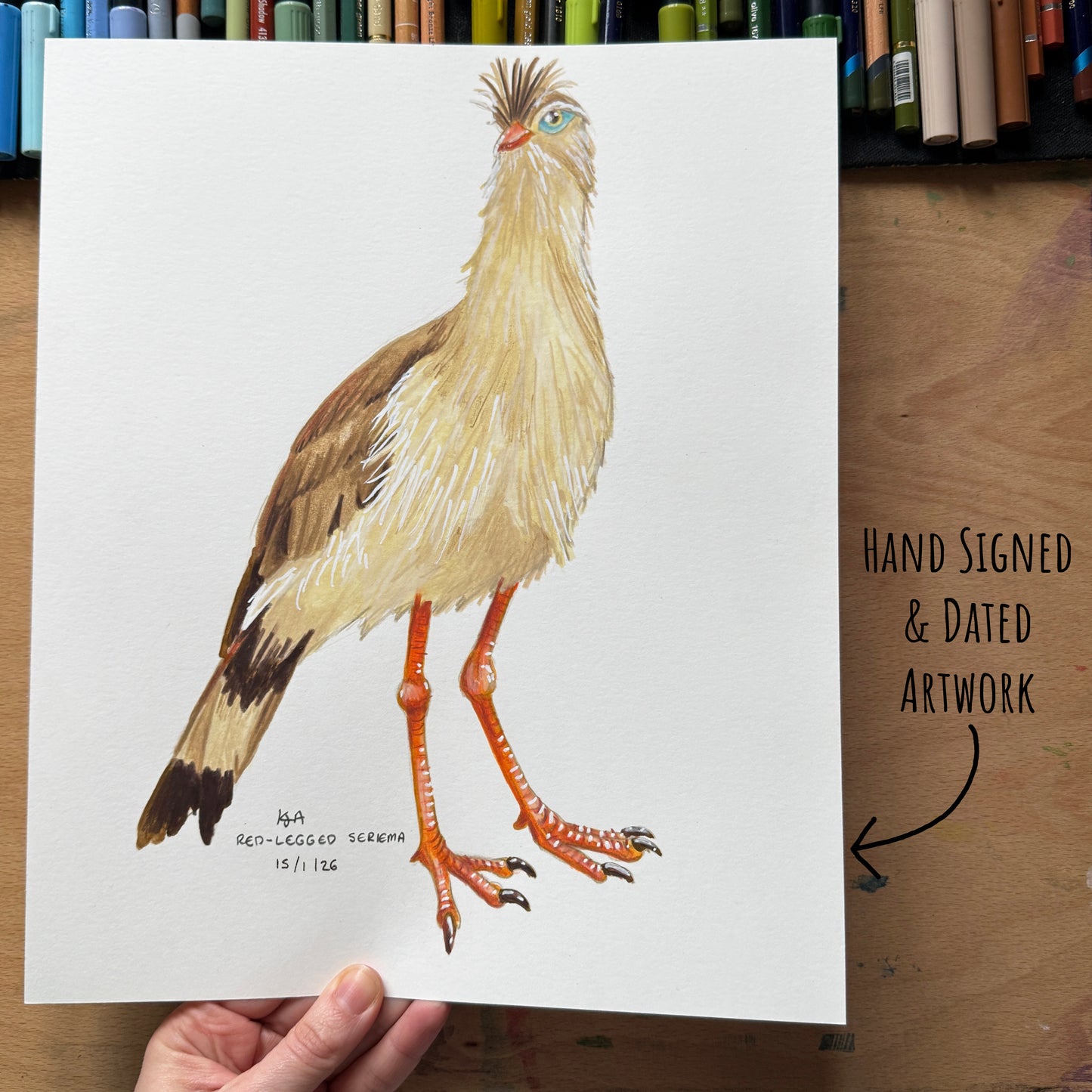 Hand-signed and dated artwork of a Red-Legged Seriema bird held by a hand on a wooden surface with art materials in the background.