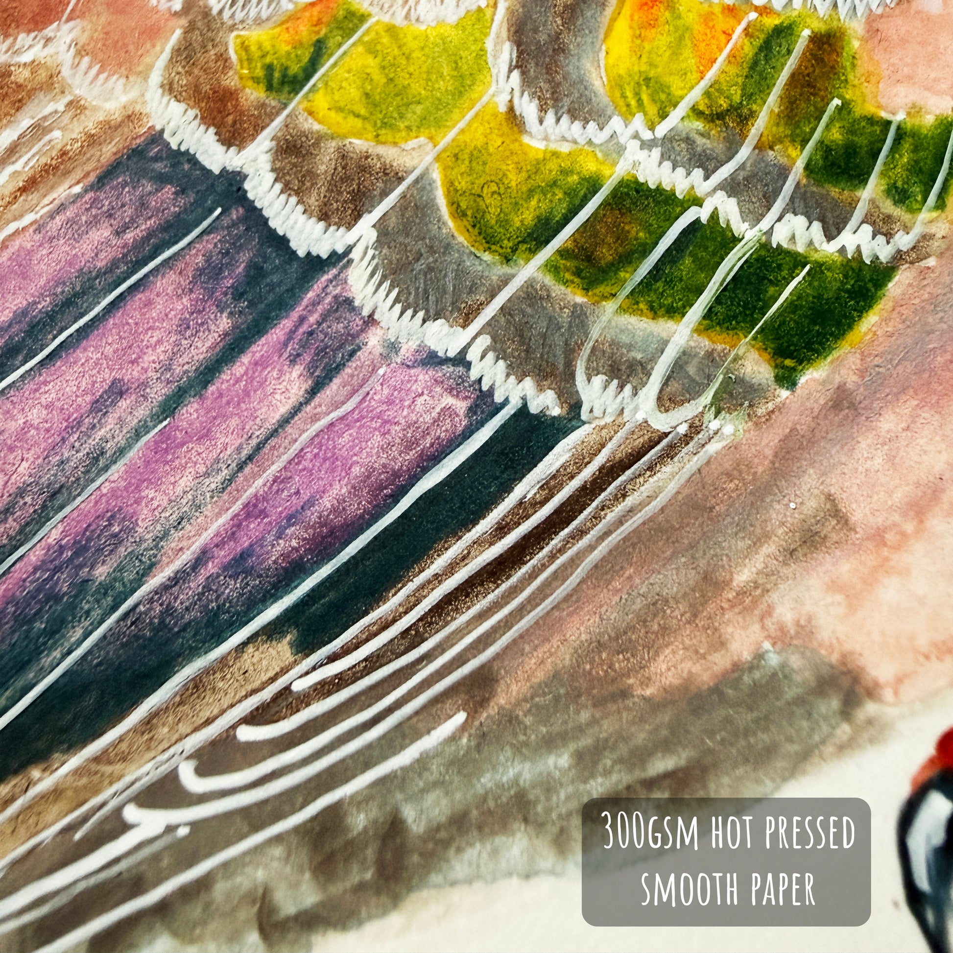 Close-up of the bronzewing dove painting on watercolour paper showing the textures, labeled '300 GSM Hot Pressed Smooth Paper'.
