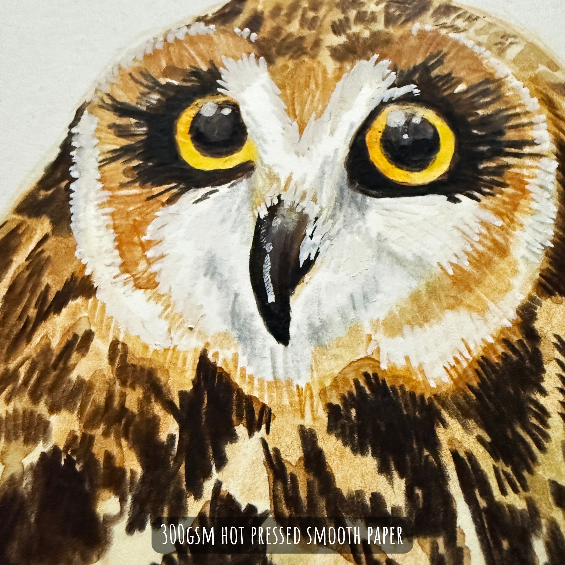 A close up of the short eared owl artwork showing the details and textures of the painting.