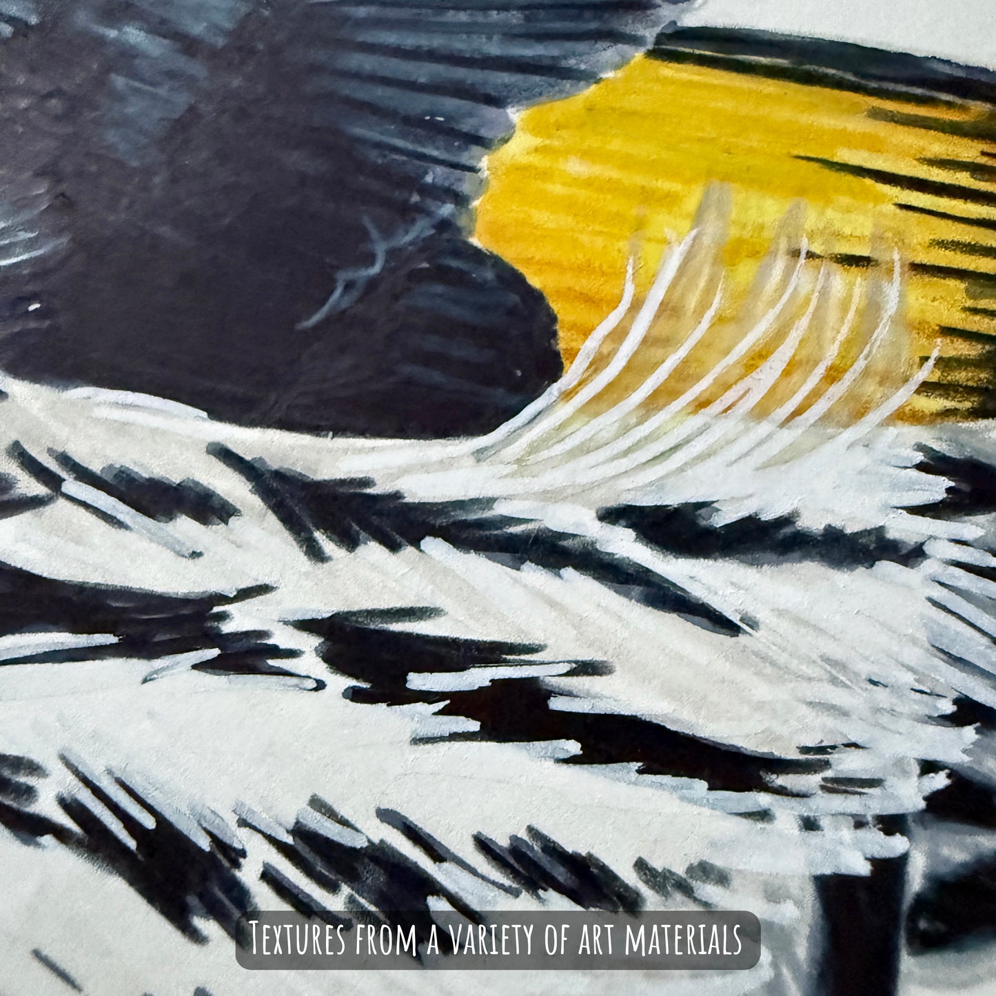 A close of the New Holland Honeyeater bird showing the details and textures of the artwork and paper stock.