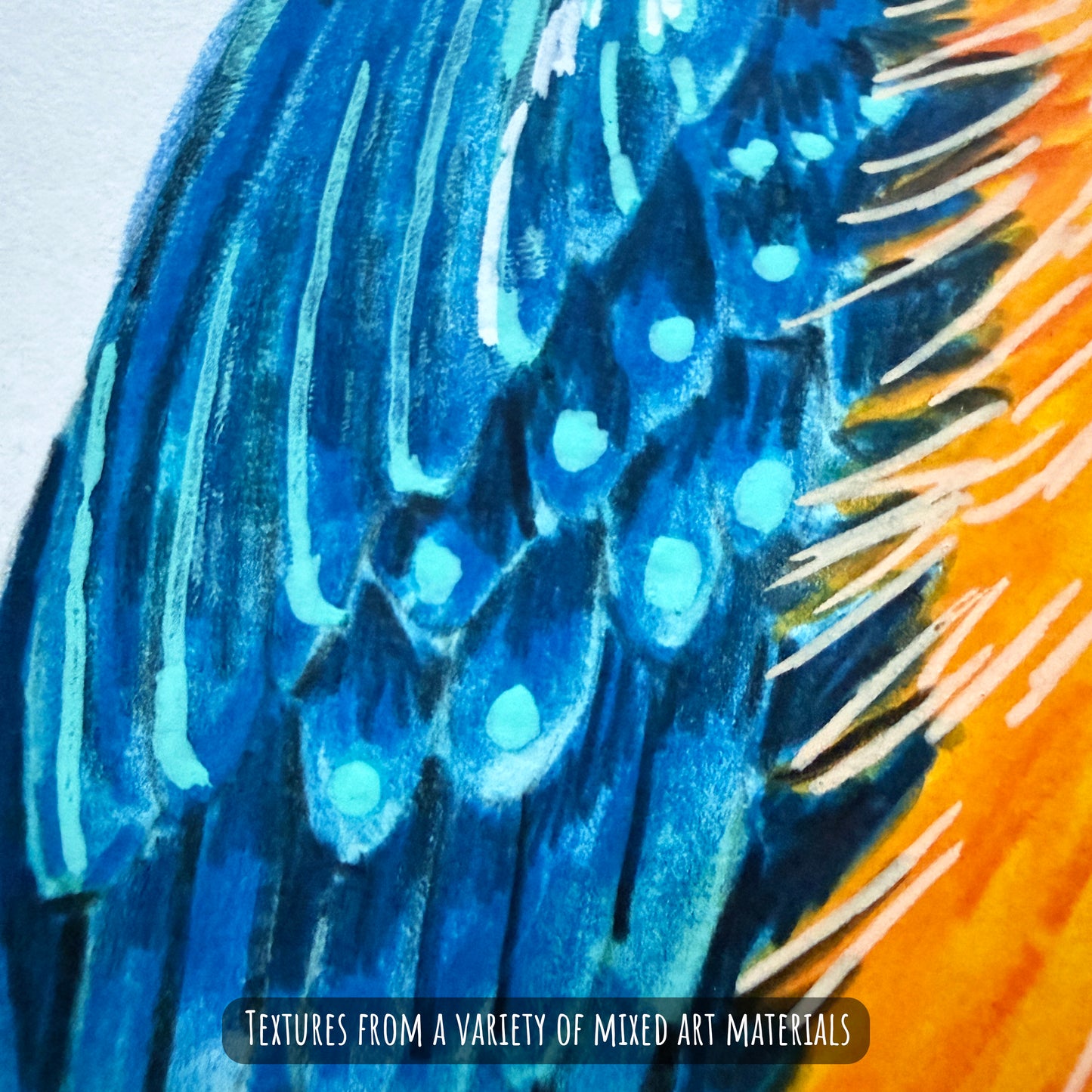 A close of the common kingfisher bird showing the details and textures of the artwork and paper stock.