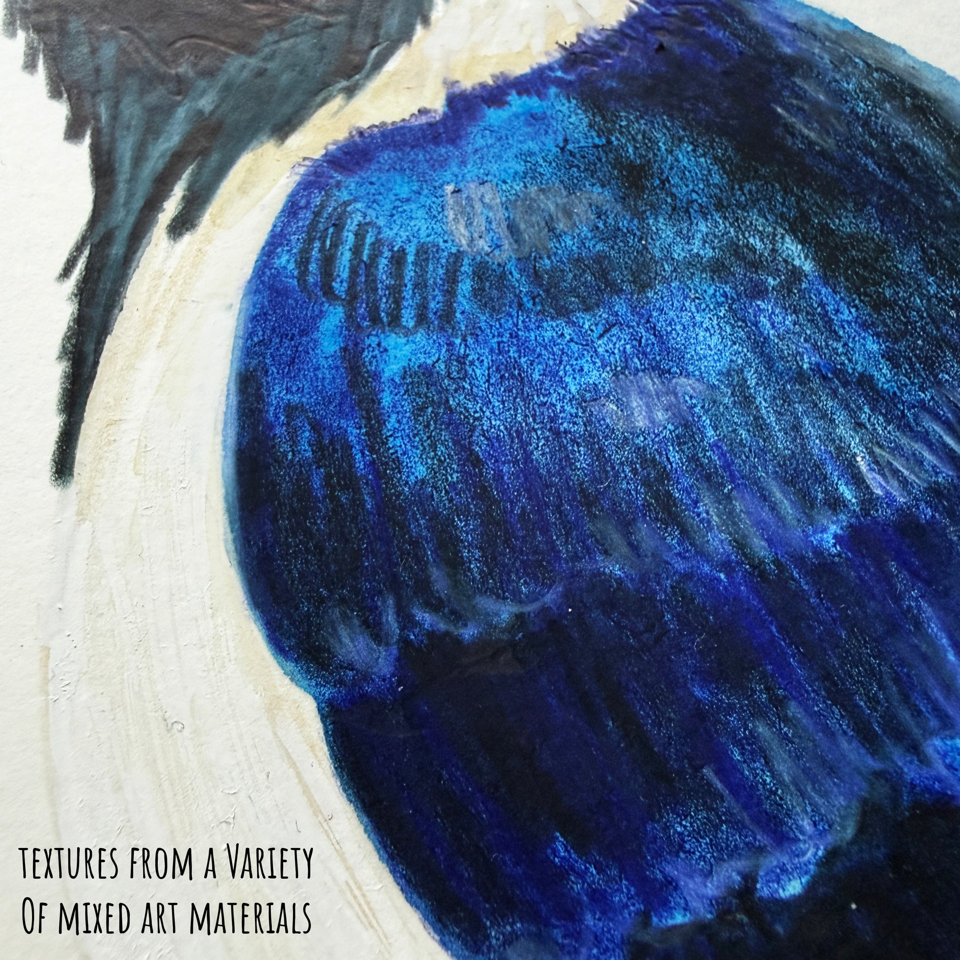 A close of the tufted jay illustration showing the details and textures of the artwork and paper stock.