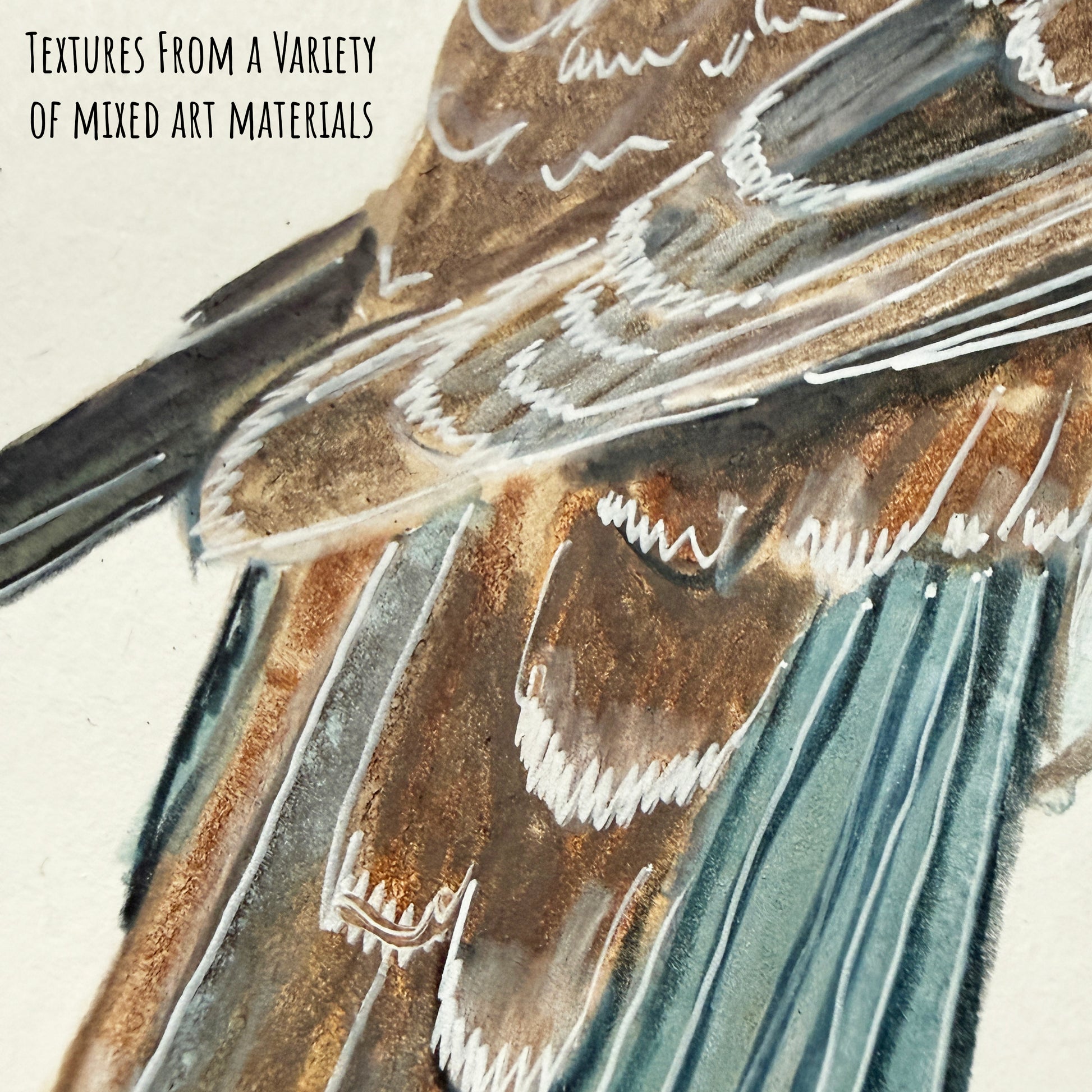 Close-up of the bronzewing dove painting showing the textures with mixed materials on a light background.