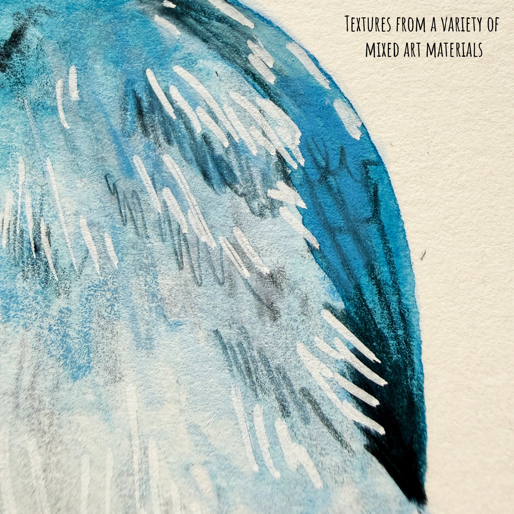 close up of the mountain bluebird artwork showing the details and texture of the paper.