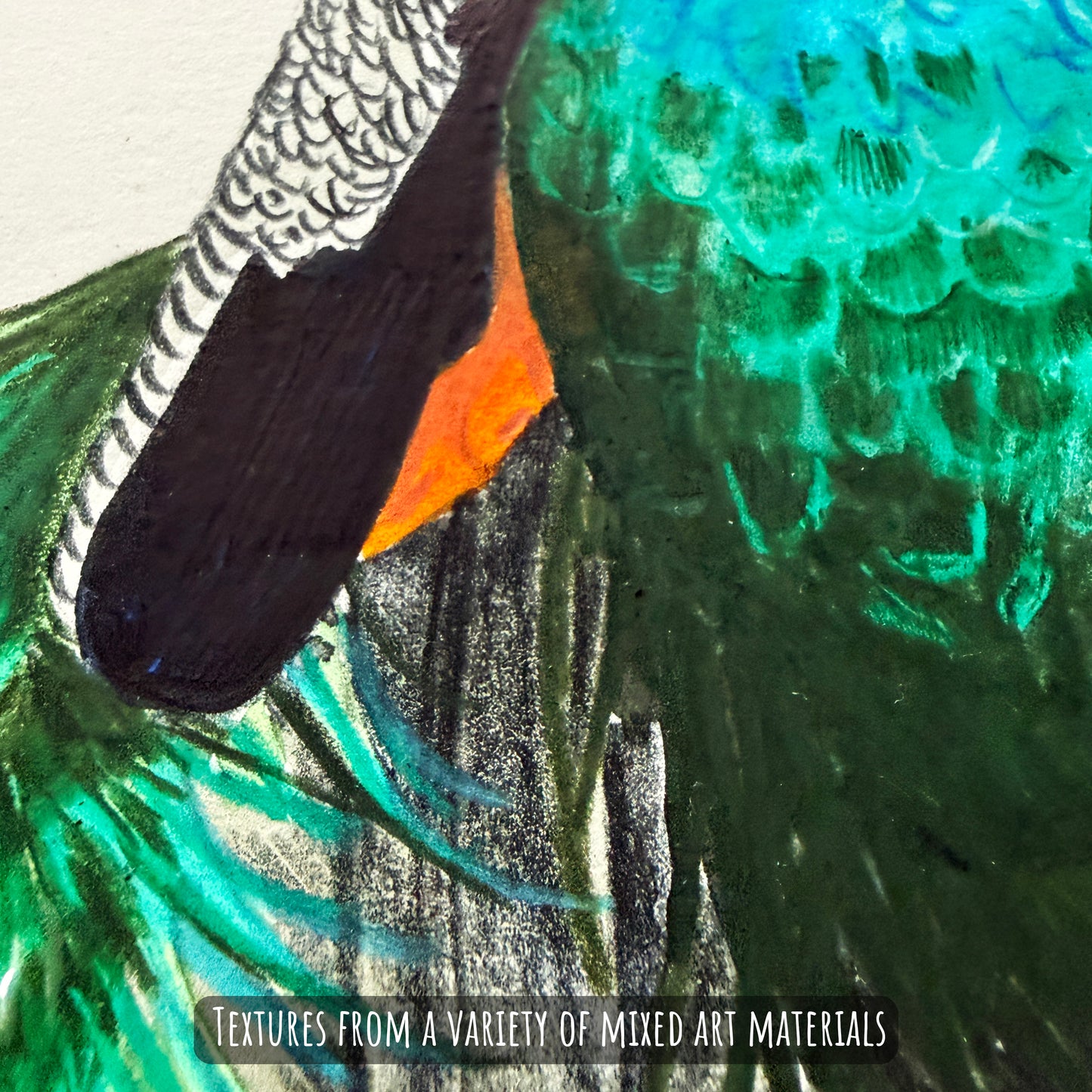 A close of the peacock bird showing the details and textures of the artwork and paper stock.