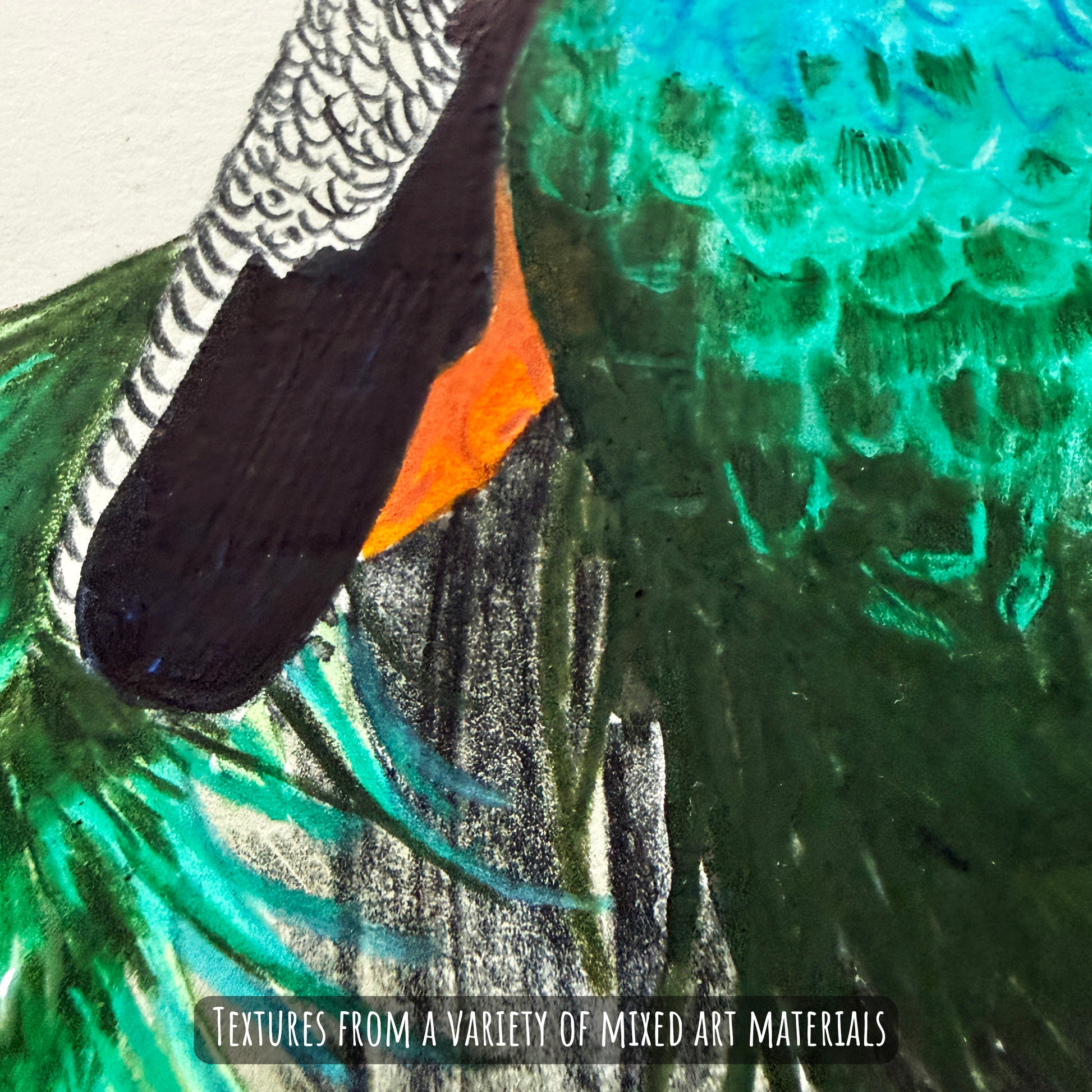 A close of the peacock bird showing the details and textures of the artwork and paper stock.