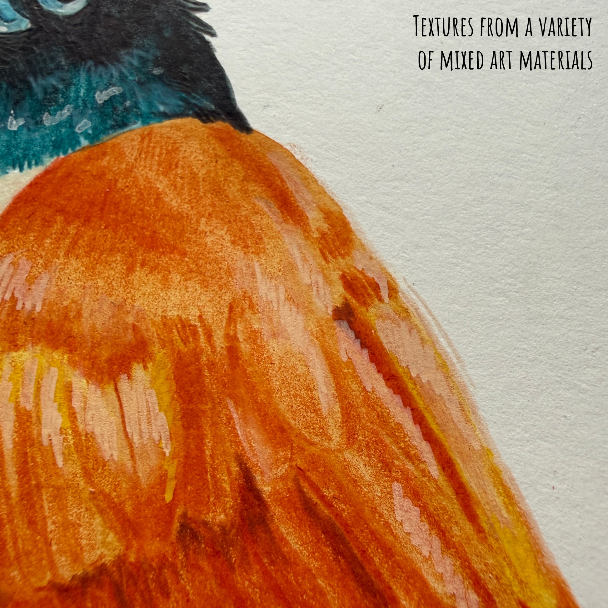 Close-up of a stylised Indian paradise flycatcher bird illustration on smooth textured paper with text indicating vibrancy and textures.