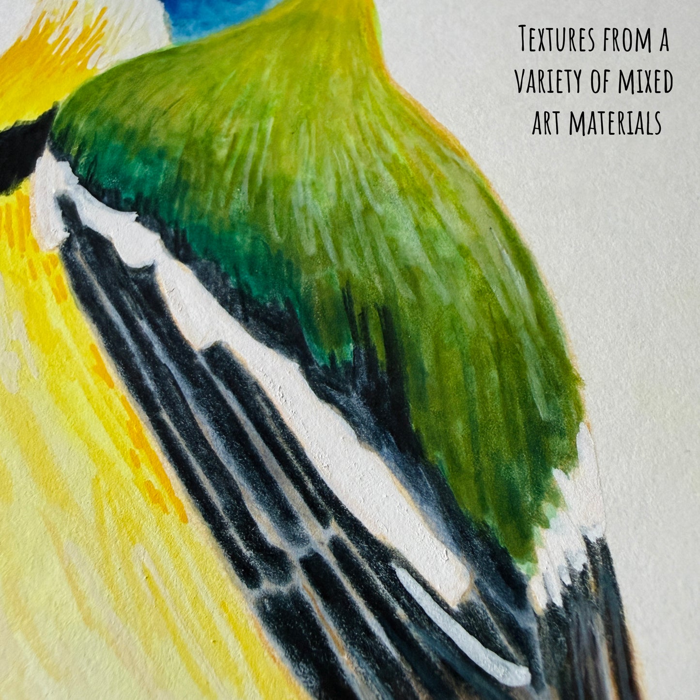 Artistic depiction of a Many-coloured Rush Tyrant bird with green, yellow, and black feathers on a textured background.