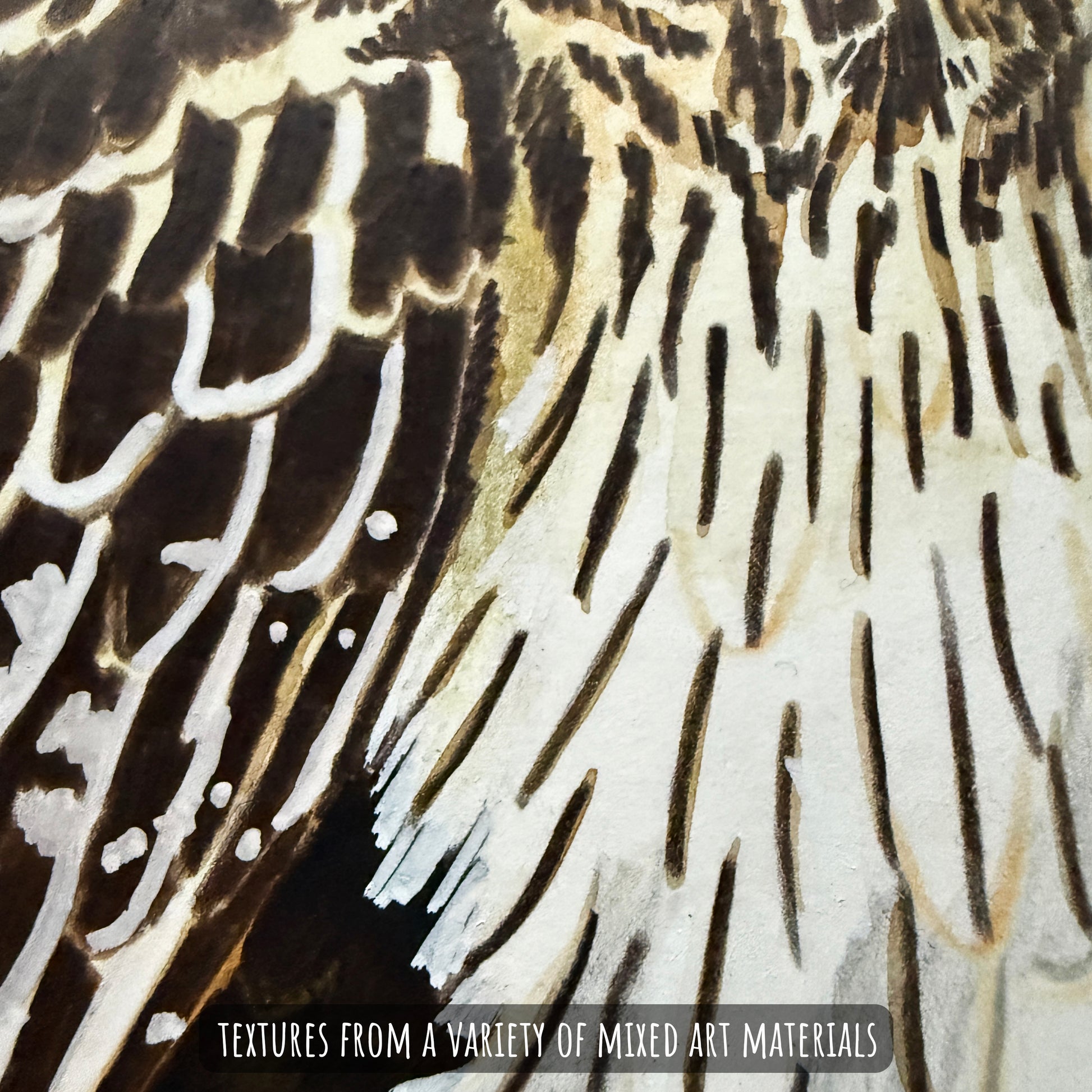 A close up of the short eared owl artwork showing the details and textures of the painting.