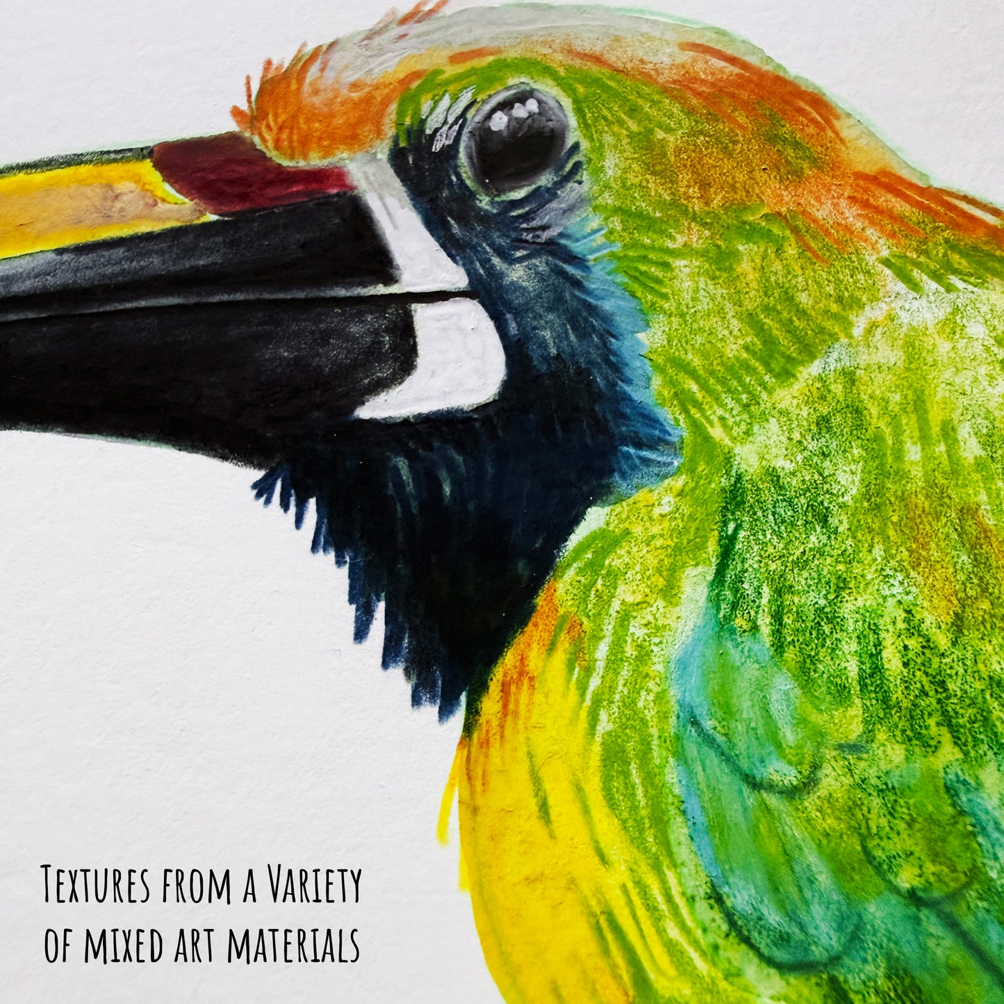 A close up fo the Northern Emerald Toucanet artwork showing the details and textures of the is mixed media artwork.