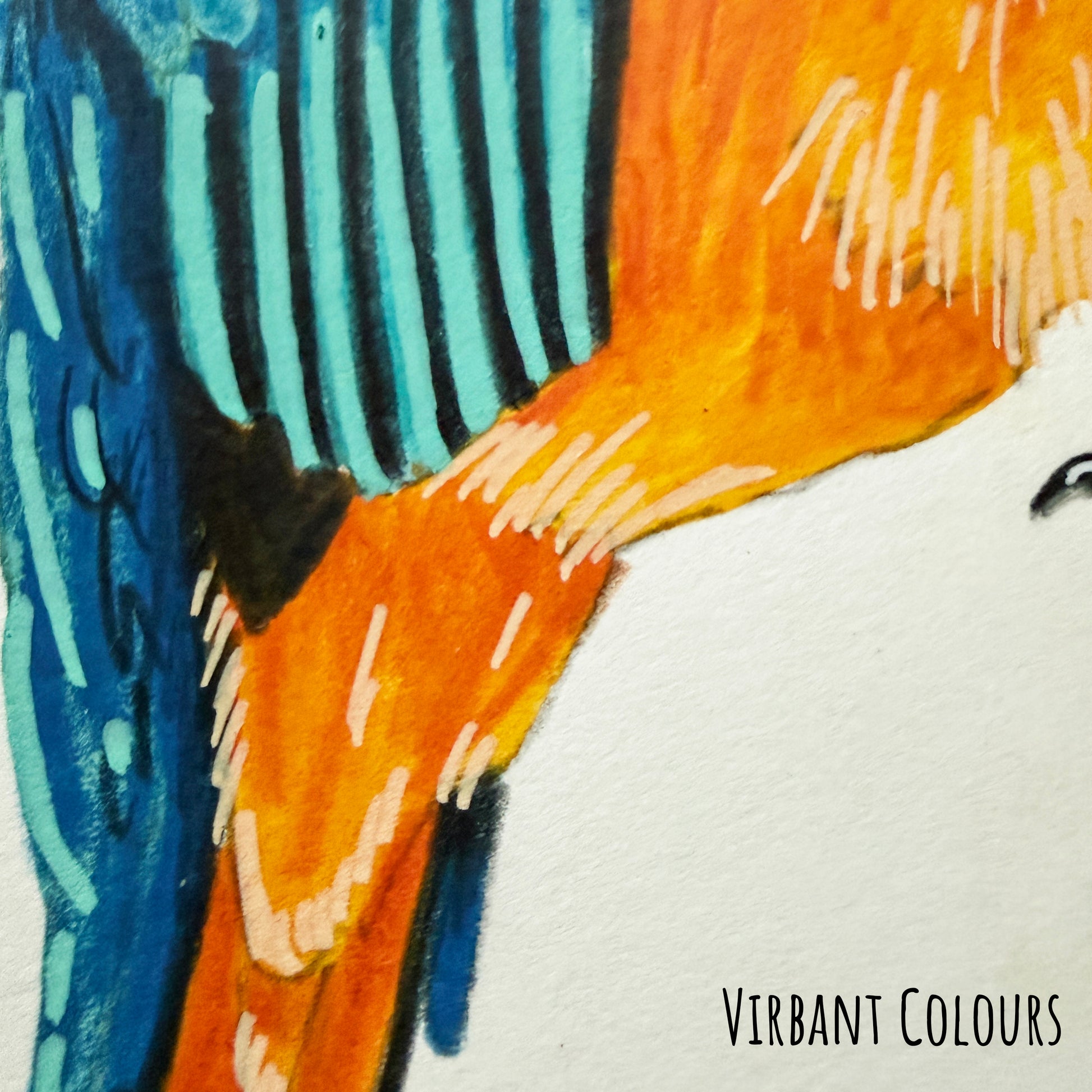 A close of the common kingfisher bird showing the details and textures of the artwork and paper stock.