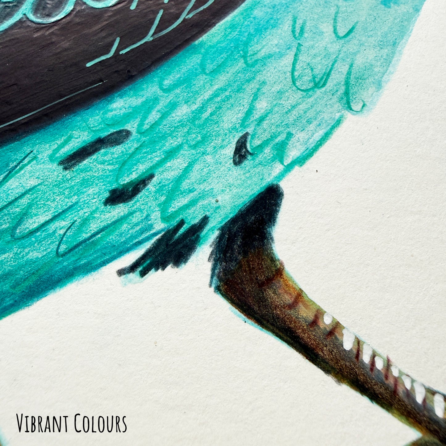 A Close up of the Spangled Cotinga Blue bird artwork showing the details and textures of the illustration and paper stock.