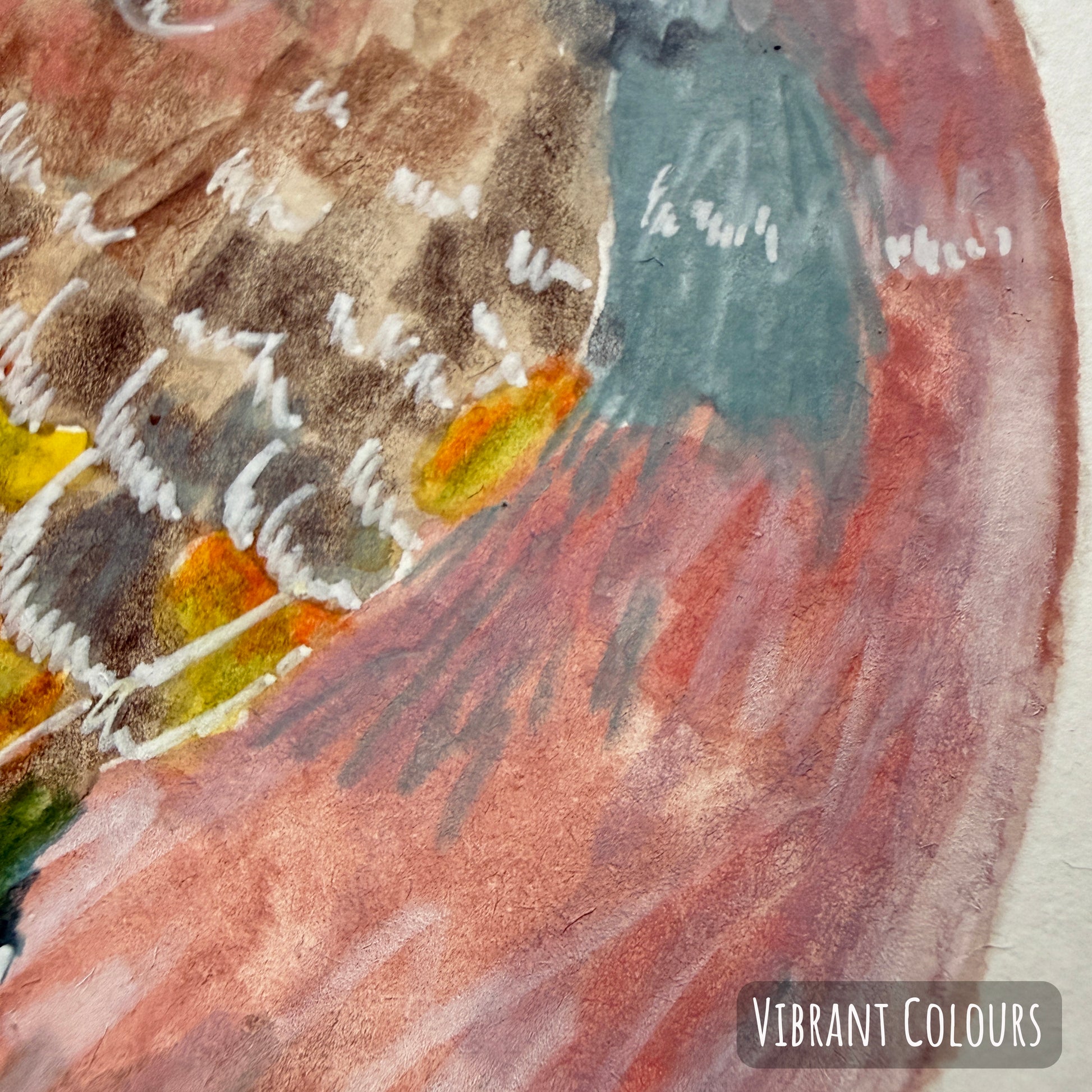 Artistic depiction of a bird with vibrant colors on a textured background, featuring the brand 'Vibrant Colours'.