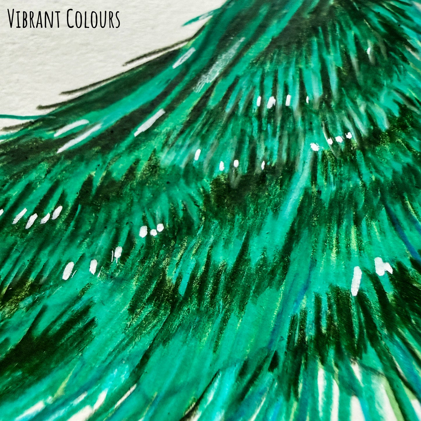 A close of the peacock bird showing the details and textures of the artwork and paper stock.