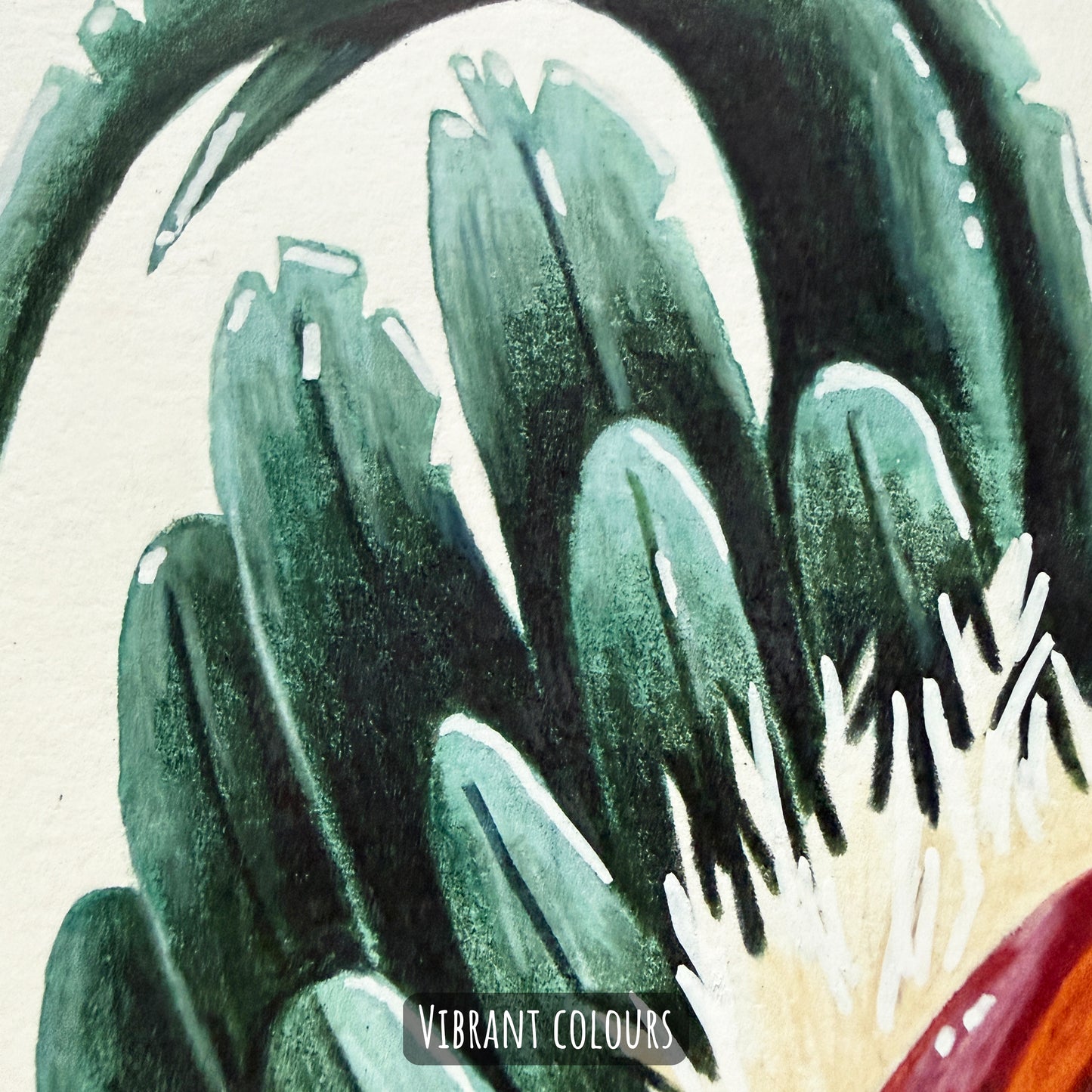 A close of the Rooster bird showing the details and textures of the artwork and paper stock.