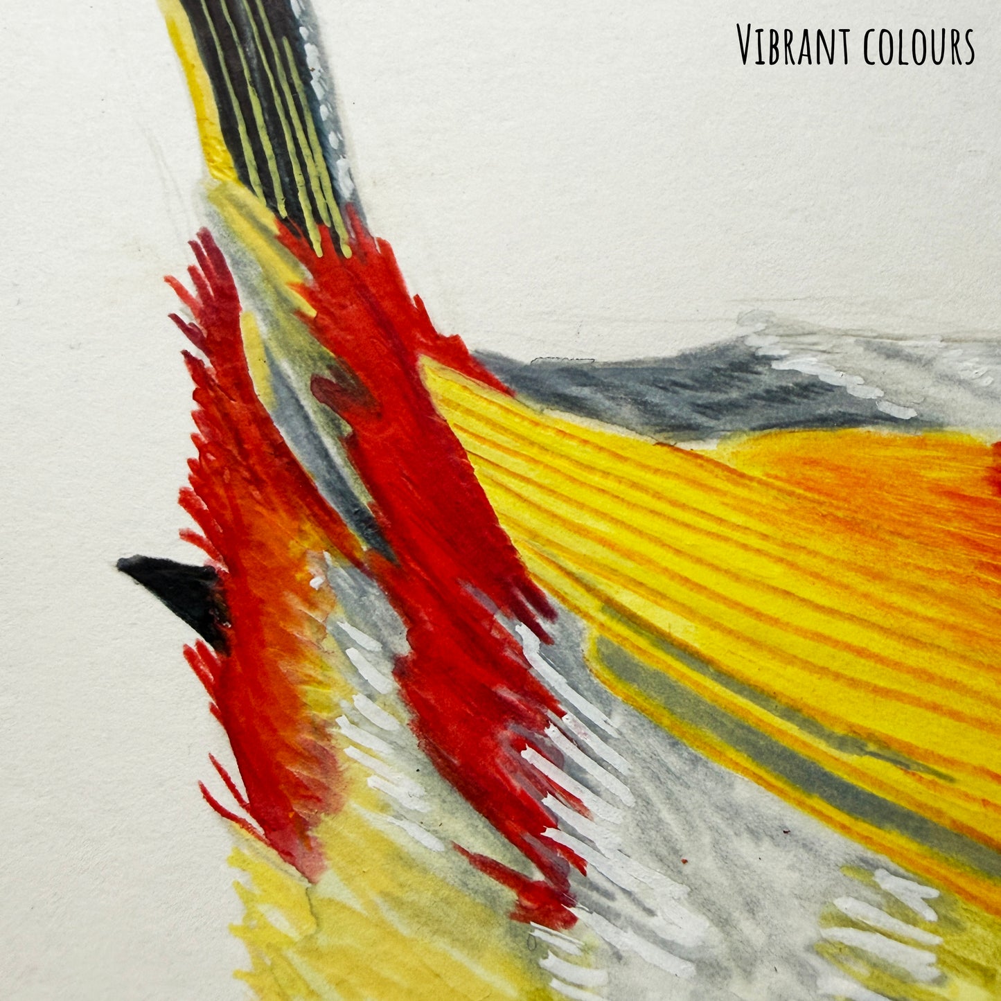 A close up  of the Sliver Eared Mesia bird original painting showing the details and textures of the art materials used and the paper stock. 