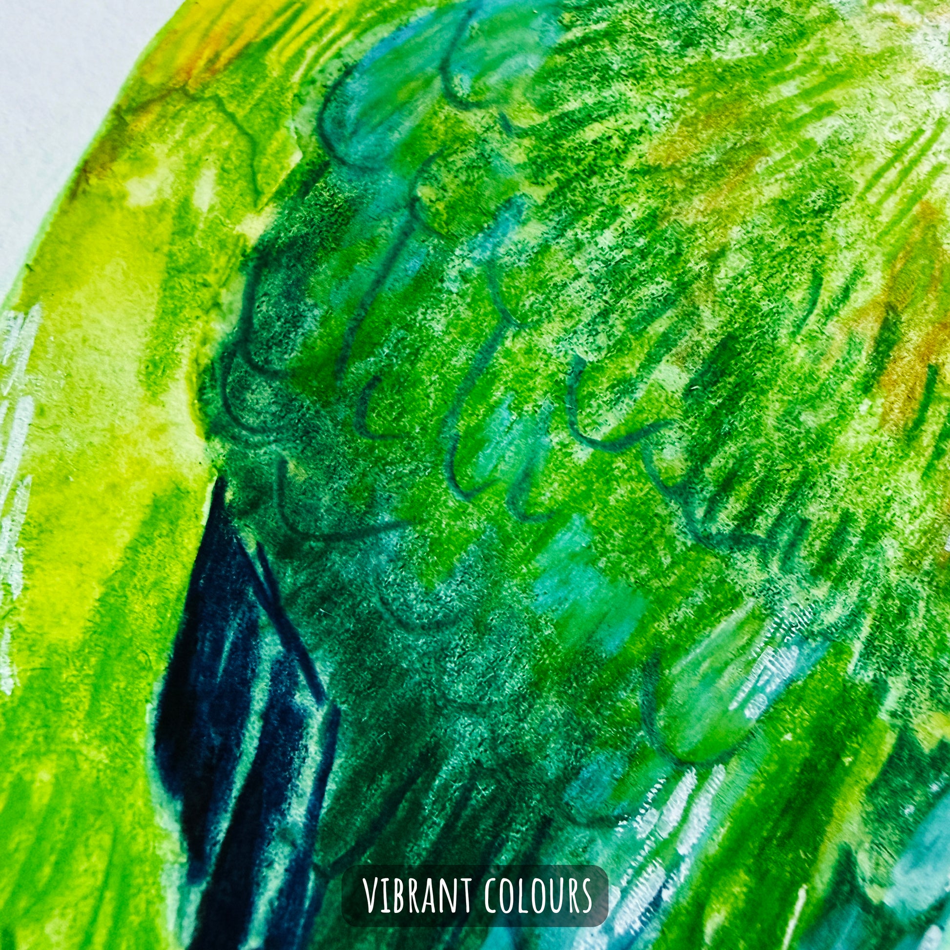 A close up fo the Northern Emerald Toucanet artwork showing the details and textures of the is mixed media artwork.