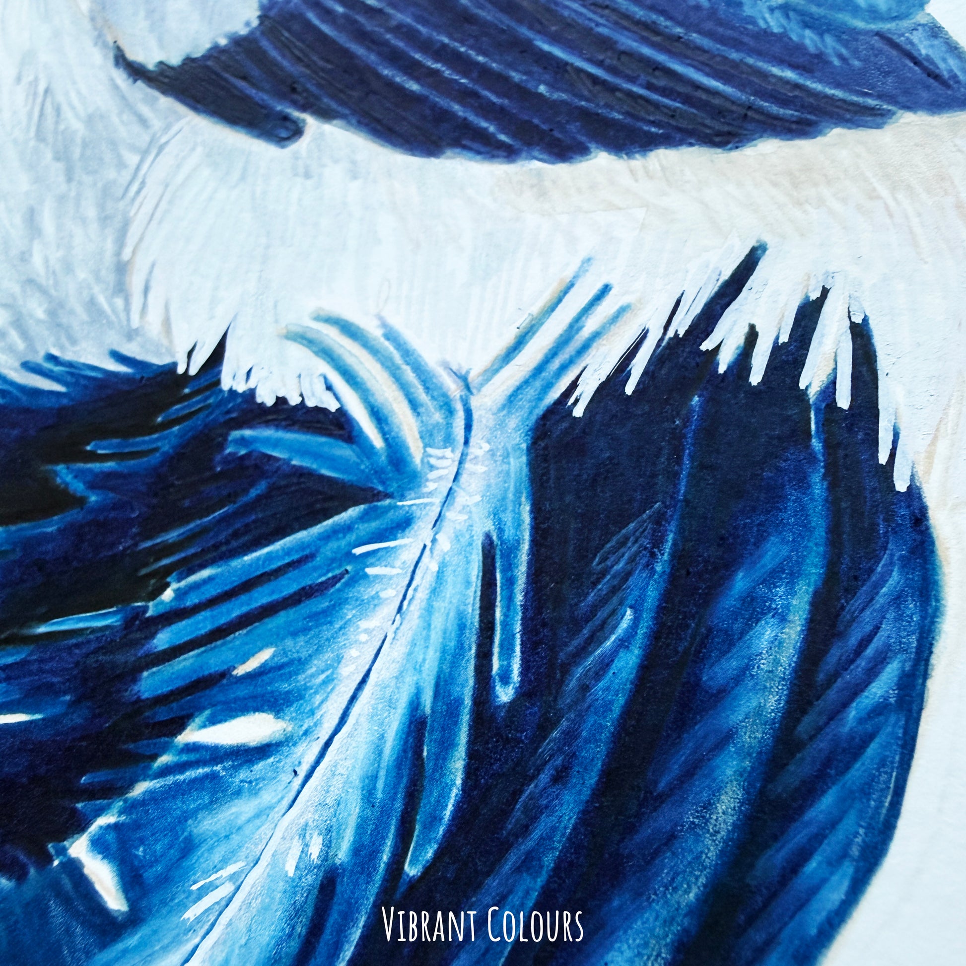 A close up of the white eared pheasant artwork. showing the details and textures of the mixed media painting which is on paper.