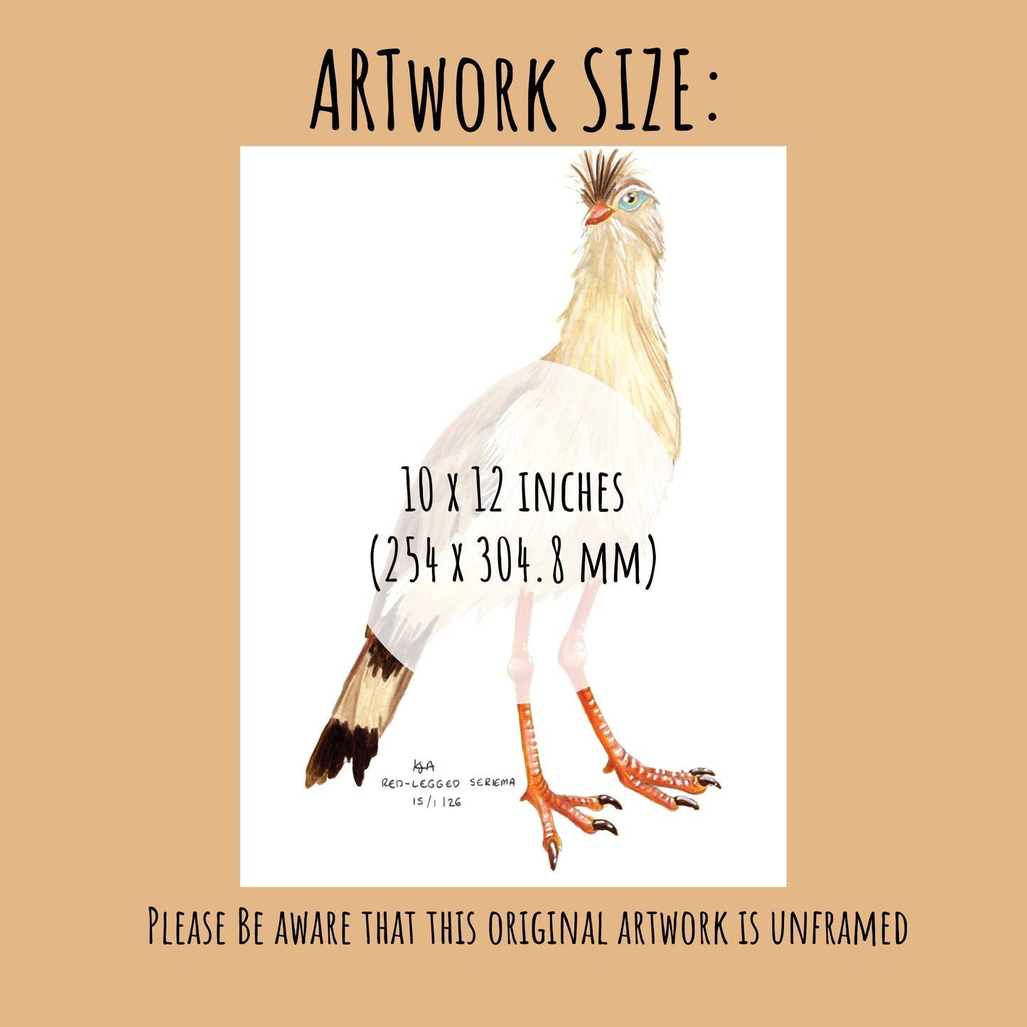 Unframed artwork of a Red-Legged Seriema bird with dimensions 10 x 12 inches on a beige background.