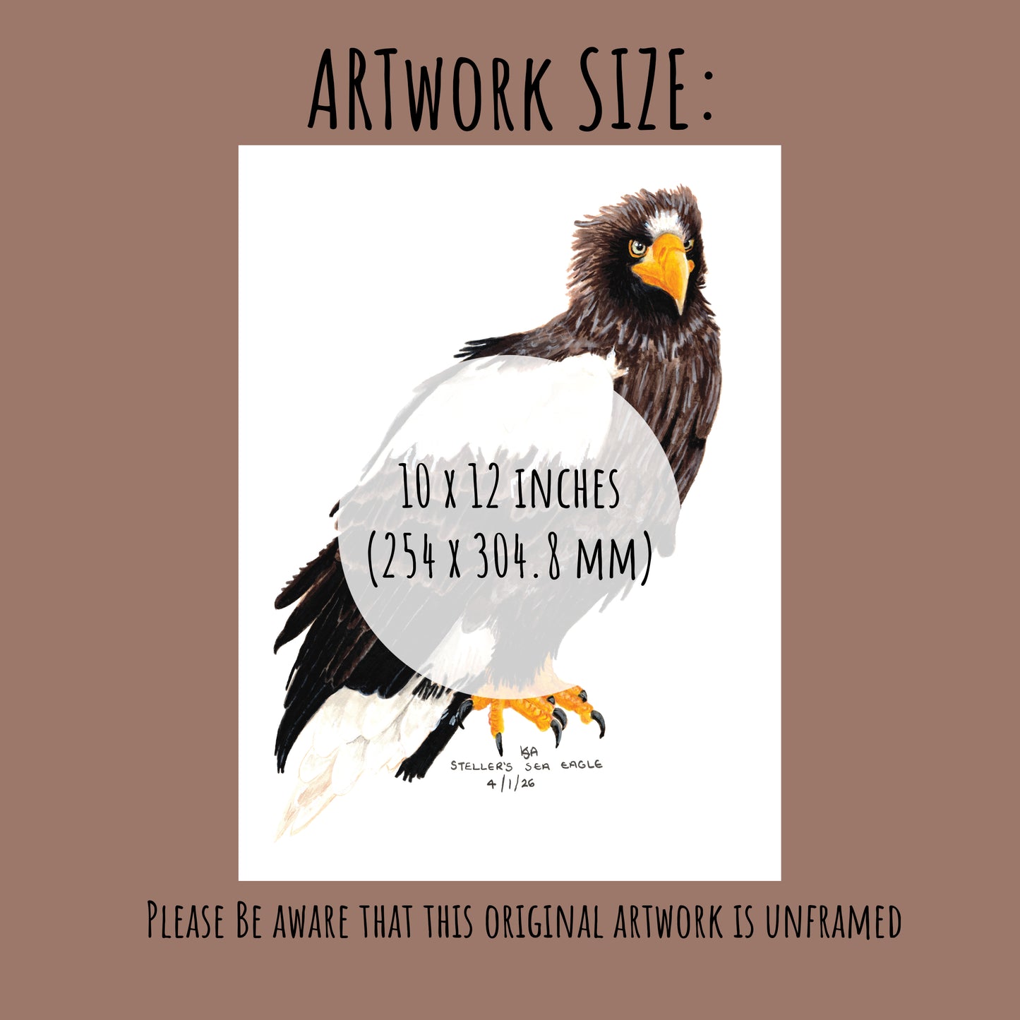Artwork of an eagle with dimensions 10 x 12 inches on a brown background.