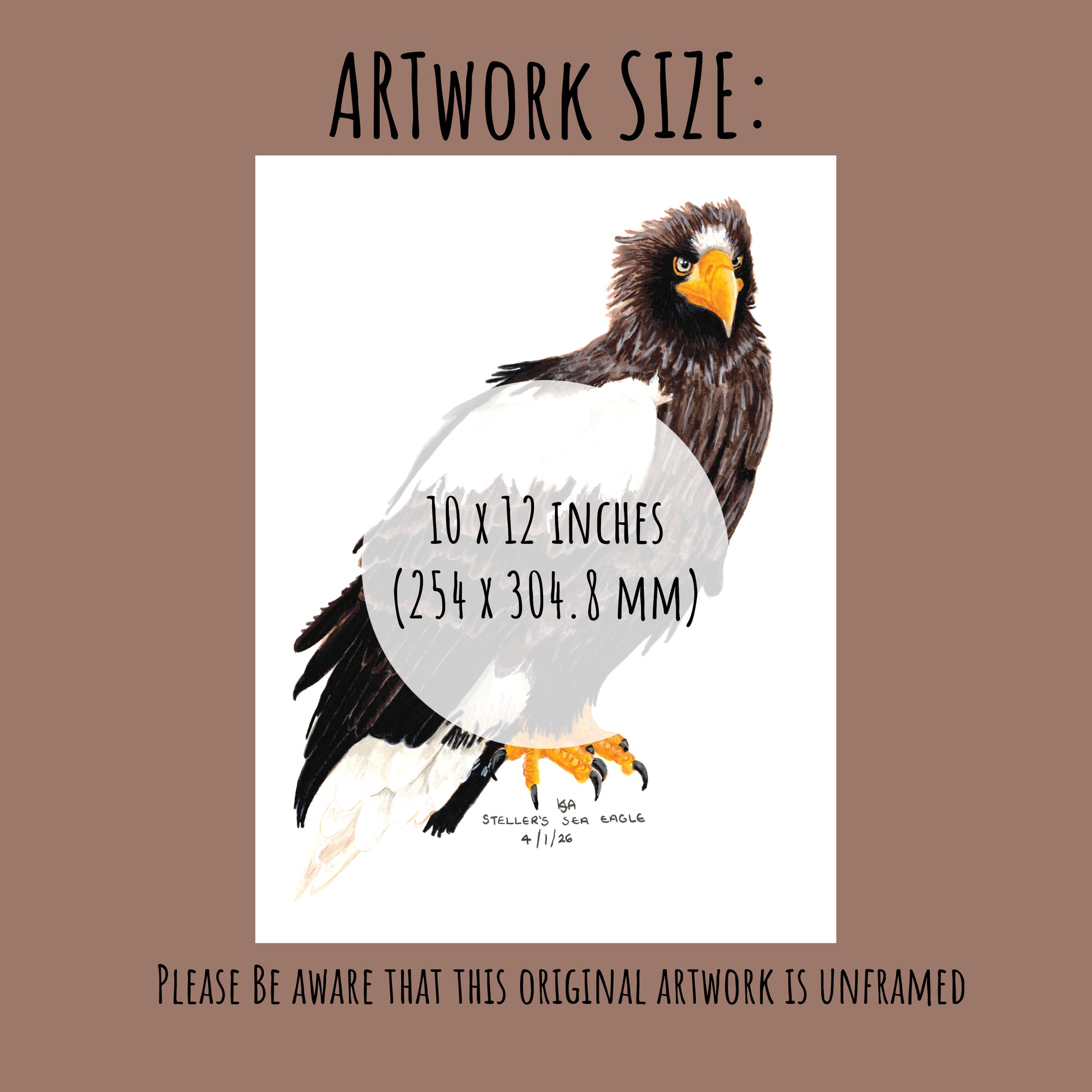 Artwork of an eagle with dimensions 10 x 12 inches on a brown background.