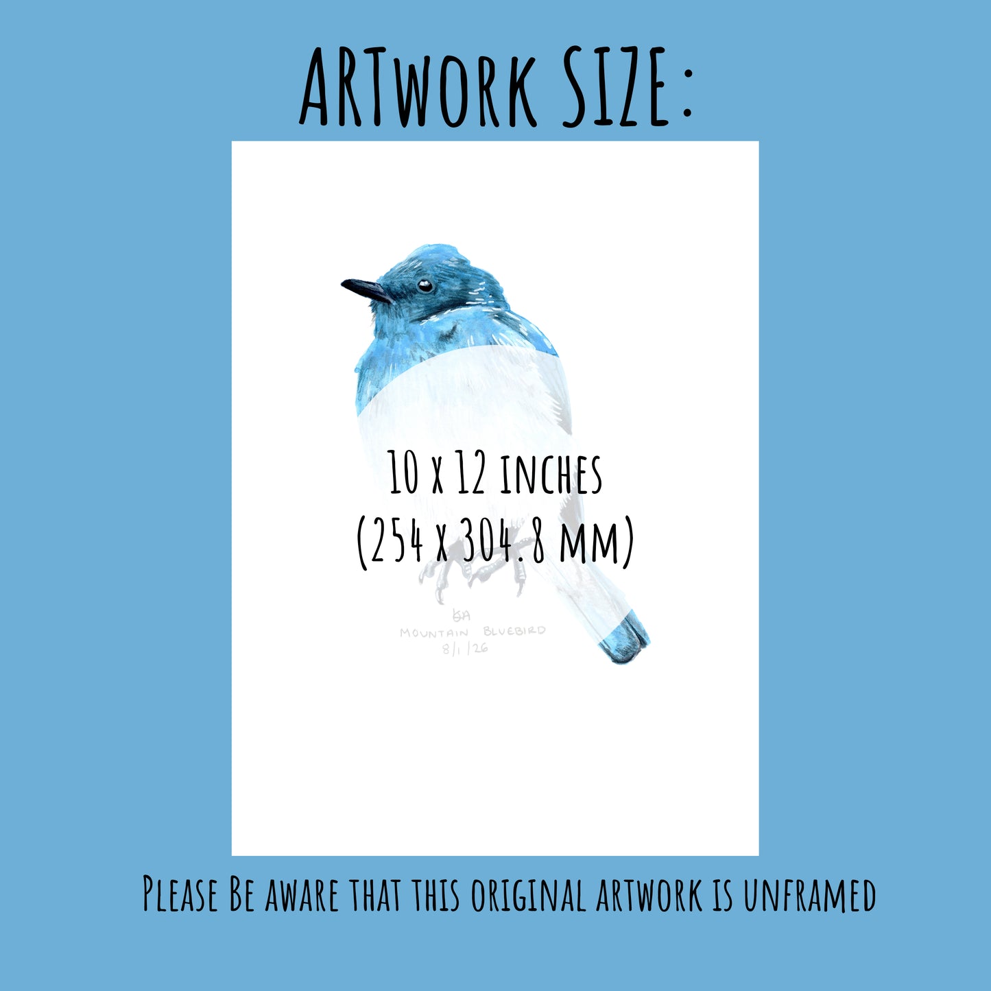 Blue and white bird illustration with size information on a blue background (10 x 12)