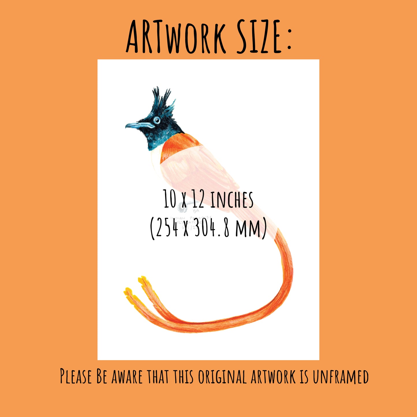 Artwork size label with a stylised bird illustration on an orange background 10x 12.