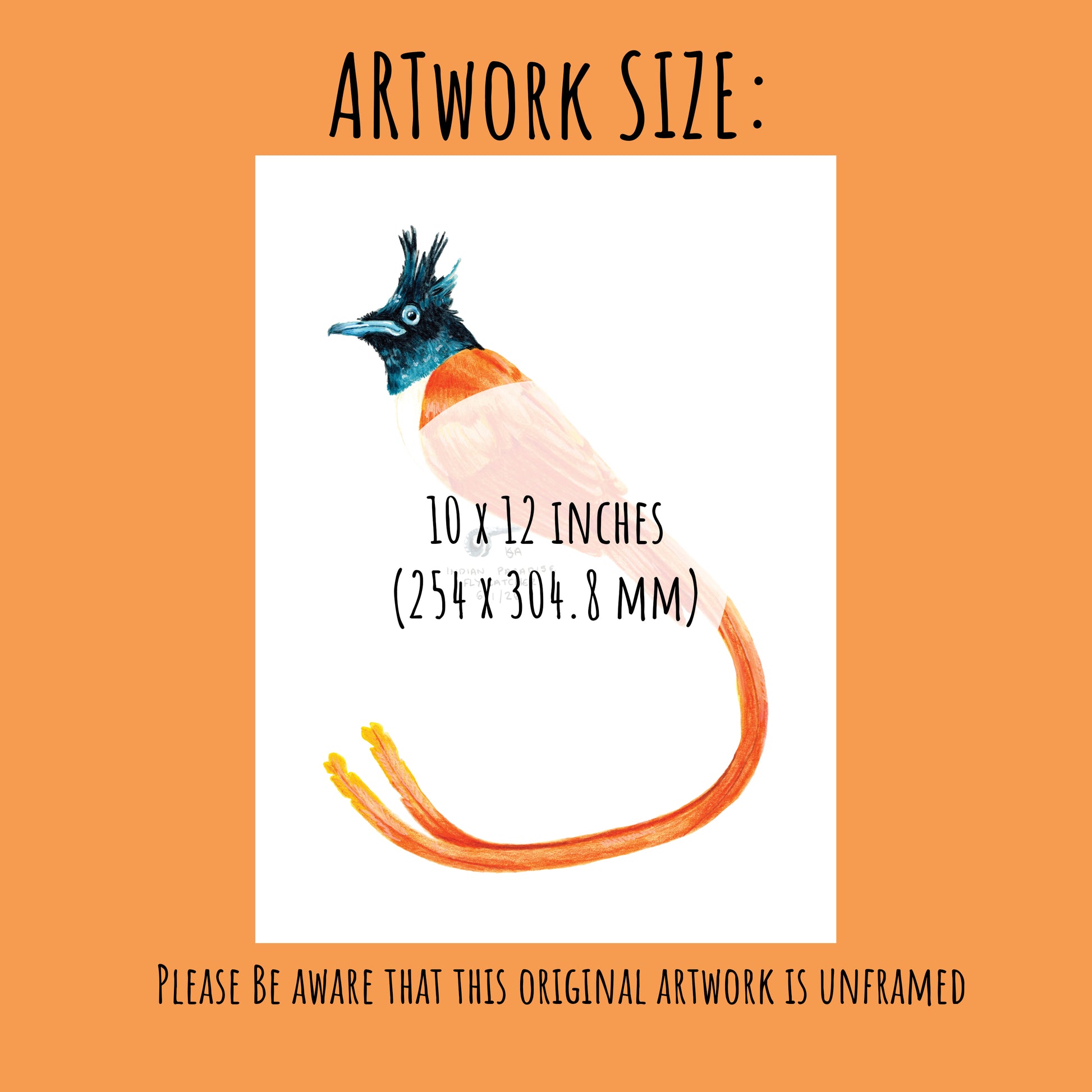 Artwork size label with a stylised bird illustration on an orange background 10x 12.