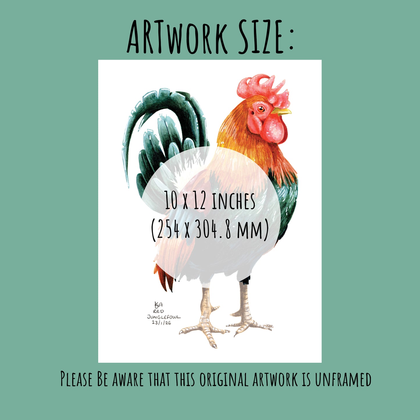 Artwork of a rooster with dimensions 10 x 12 inches on a green background.